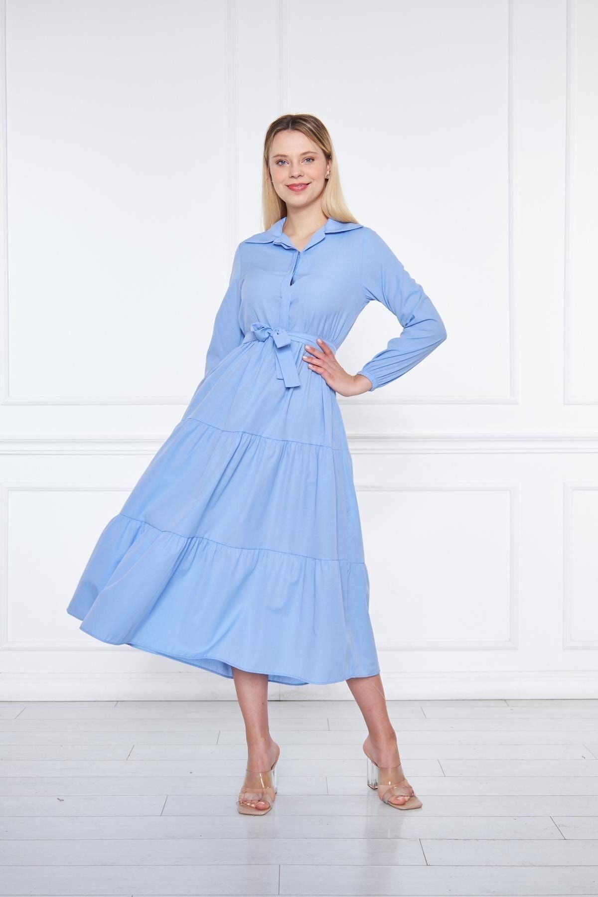 Kadın Kat Kat Gömlek Yaka Şık Bebe Mavi Uzun Elbise