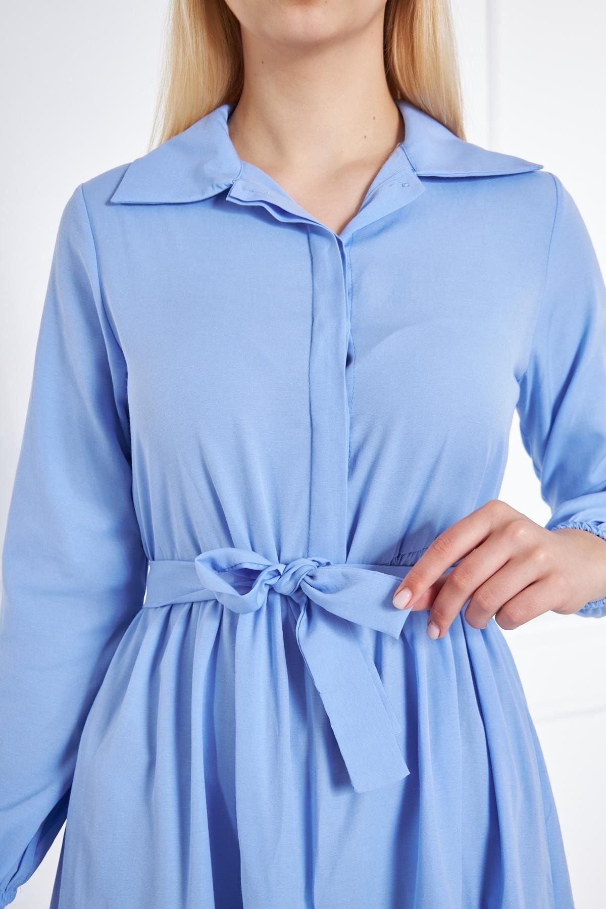 Kadın Kat Kat Gömlek Yaka Şık Bebe Mavi Uzun Elbise