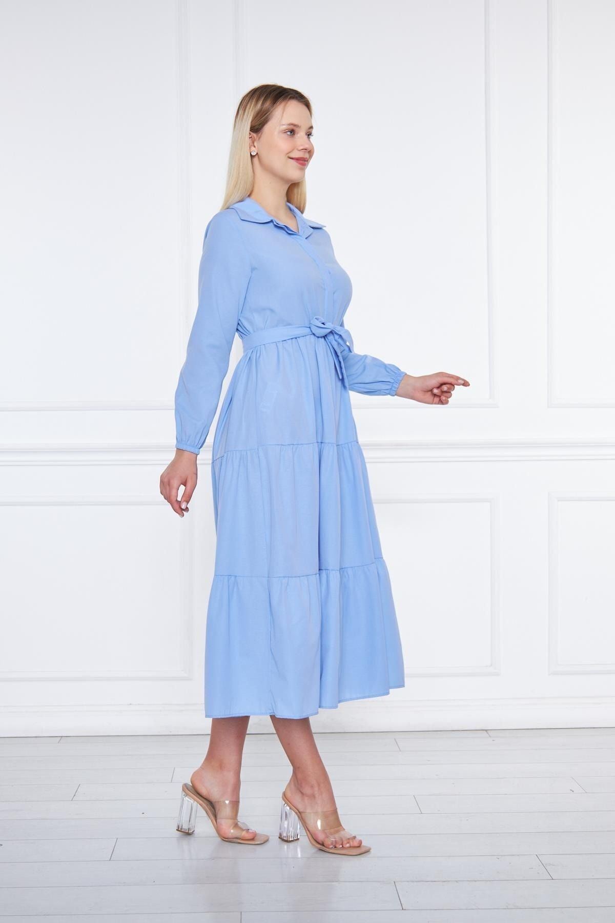 Kadın Kat Kat Gömlek Yaka Şık Bebe Mavi Uzun Elbise