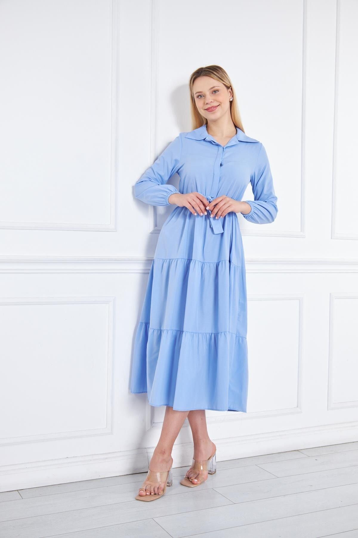Kadın Kat Kat Gömlek Yaka Şık Bebe Mavi Uzun Elbise