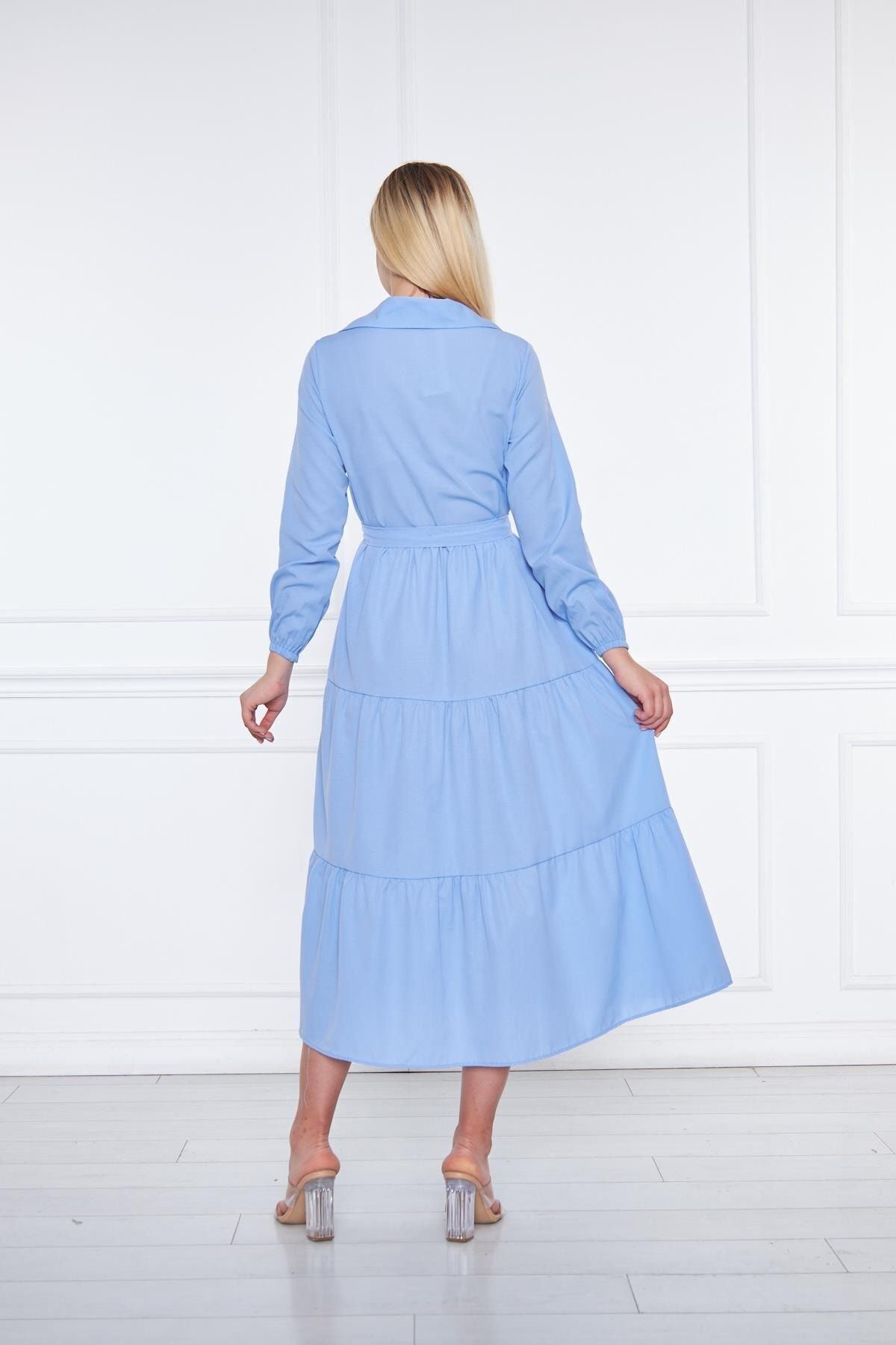 Kadın Kat Kat Gömlek Yaka Şık Bebe Mavi Uzun Elbise