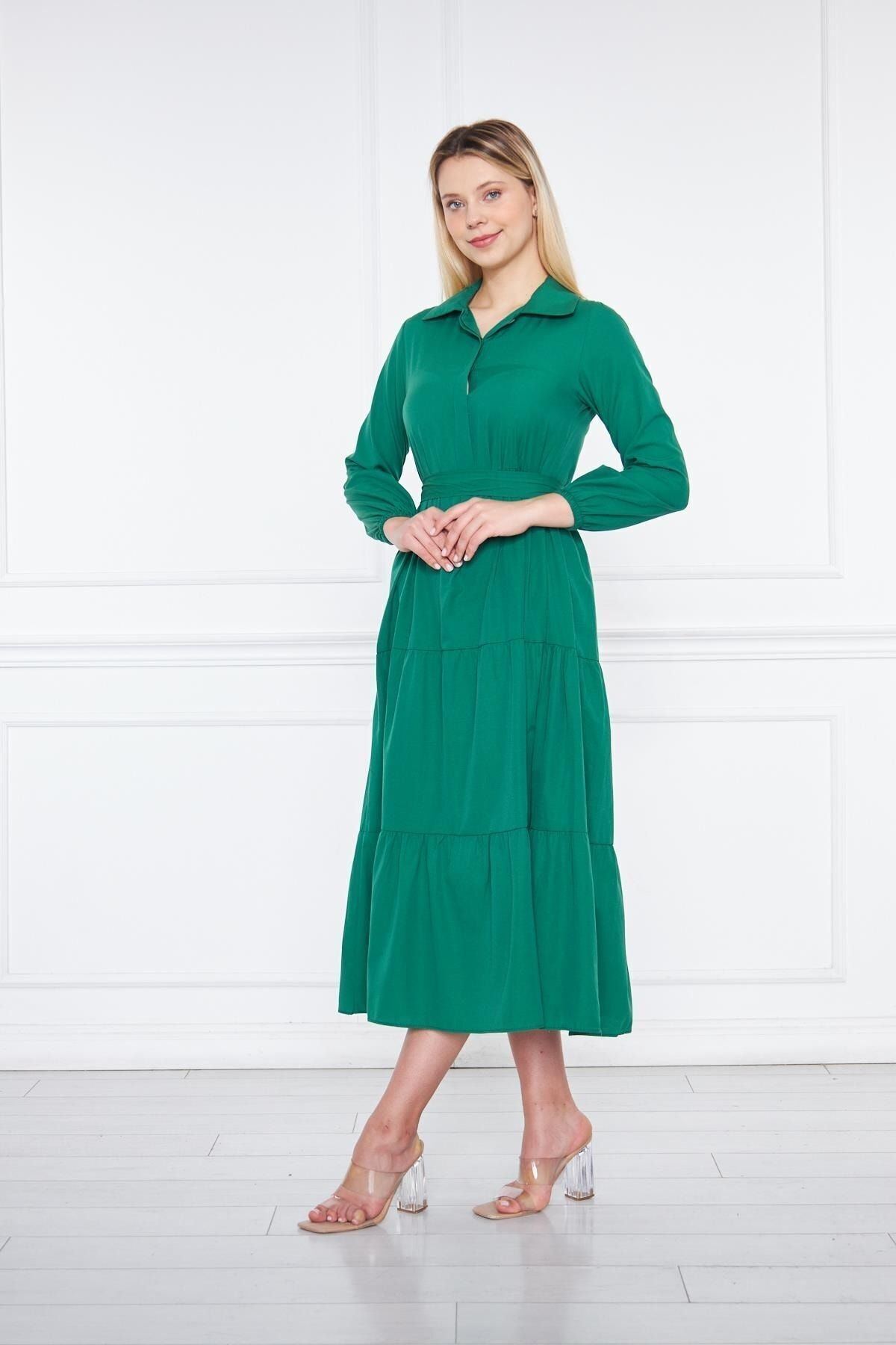 Kadın Katlı Gömlek Yaka Elbise