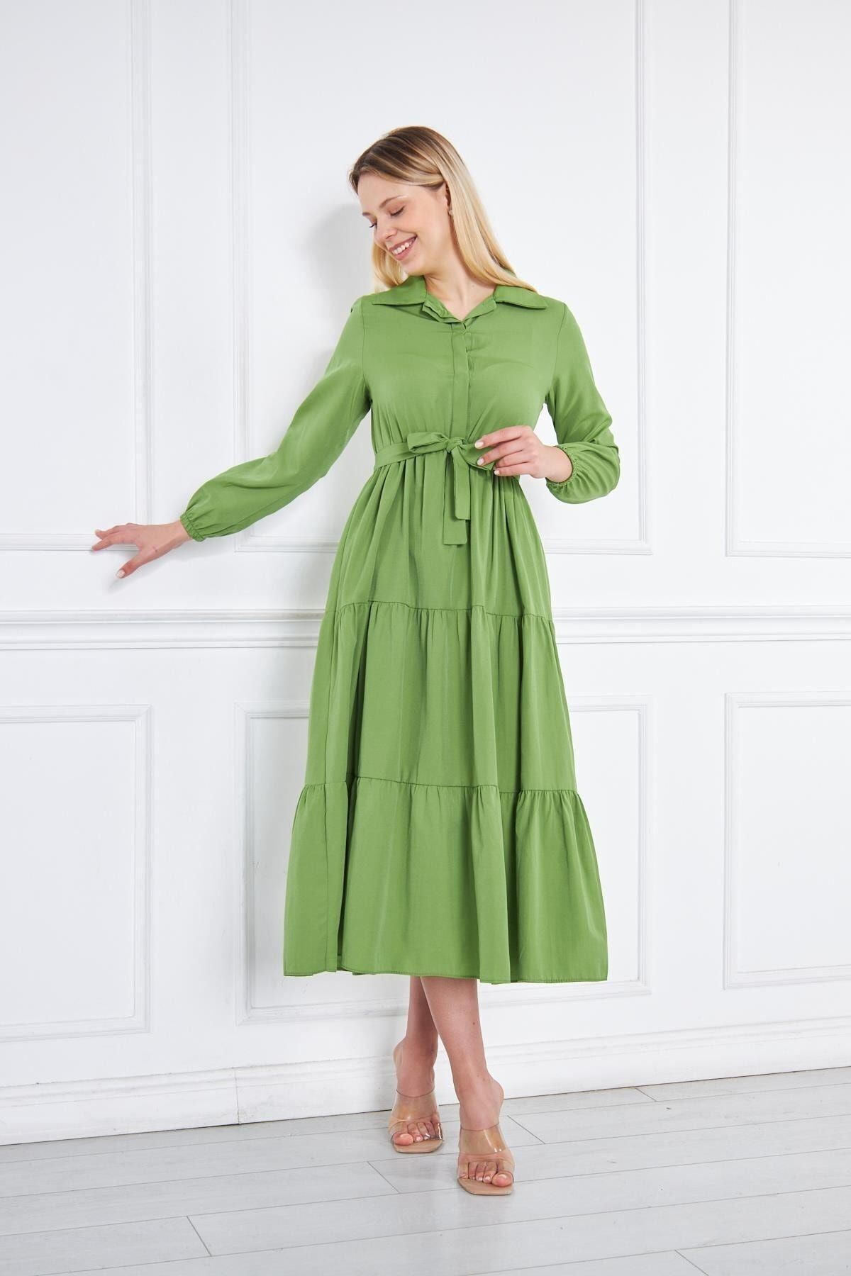 Kadın Katlı Gömlek Yaka Elbise