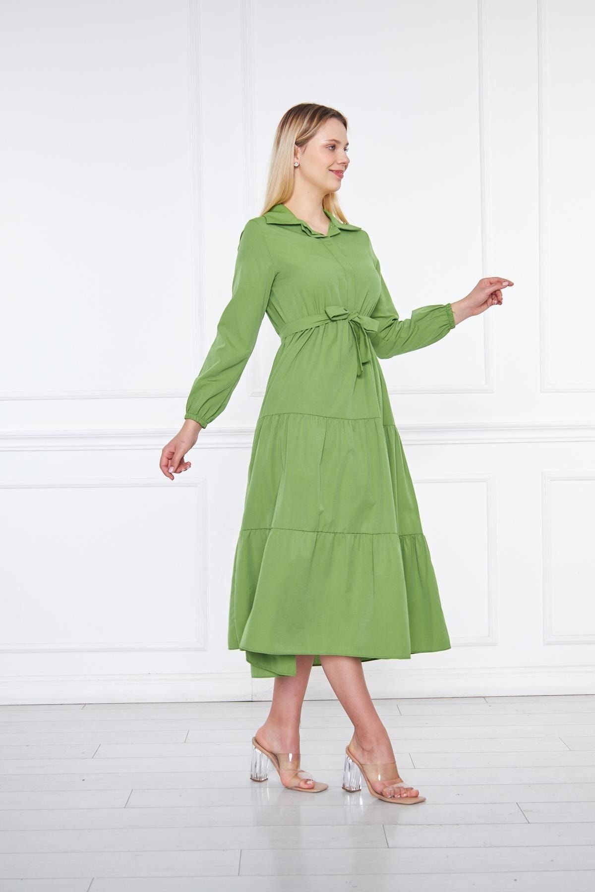 Kadın Katlı Gömlek Yaka Elbise