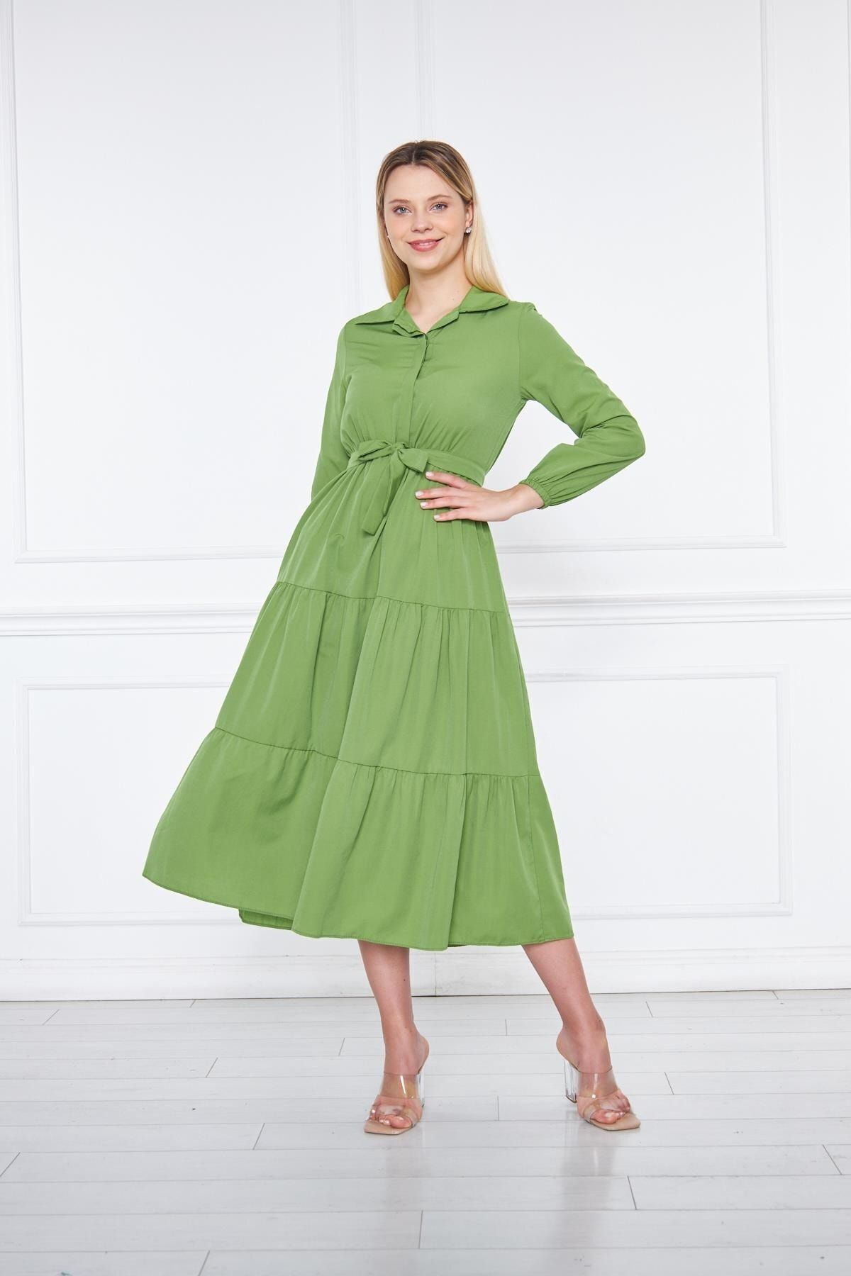 Kadın Katlı Gömlek Yaka Elbise