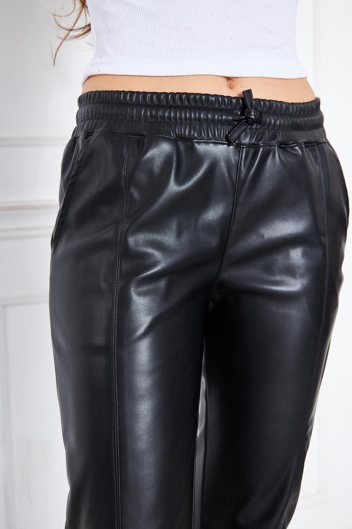 Kadın Deri Bel Lastikli Jogger Pantolon