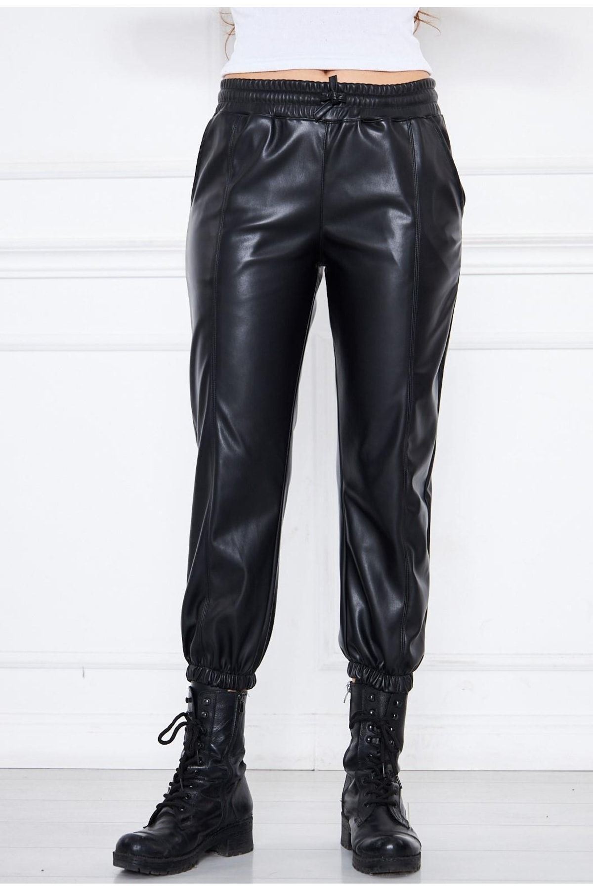Kadın Deri Bel Lastikli Jogger Pantolon