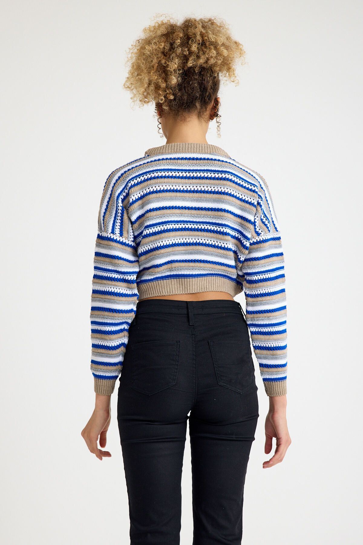 Kadın Trend Delikli Günlük Mavi Crop Kazak