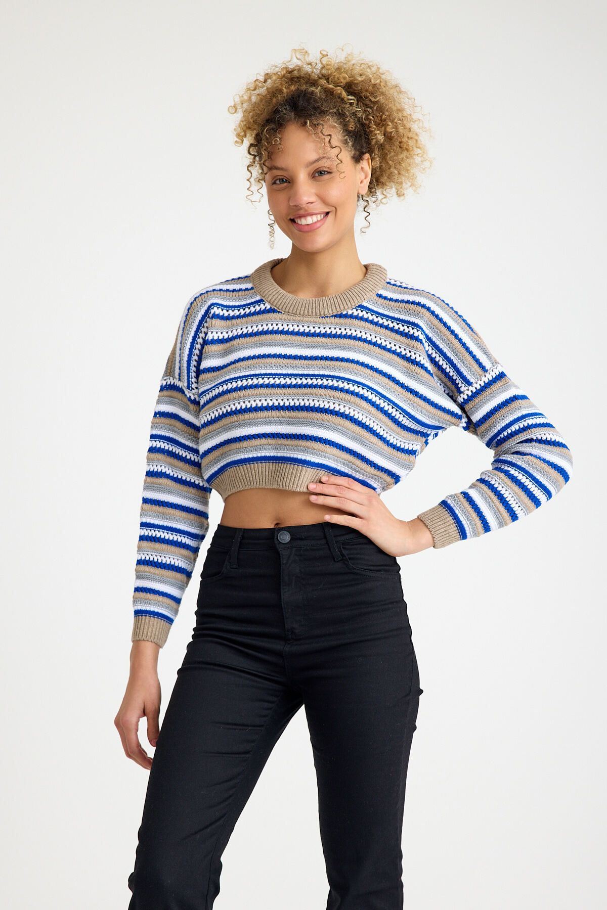 Kadın Trend Delikli Günlük Mavi Crop Kazak