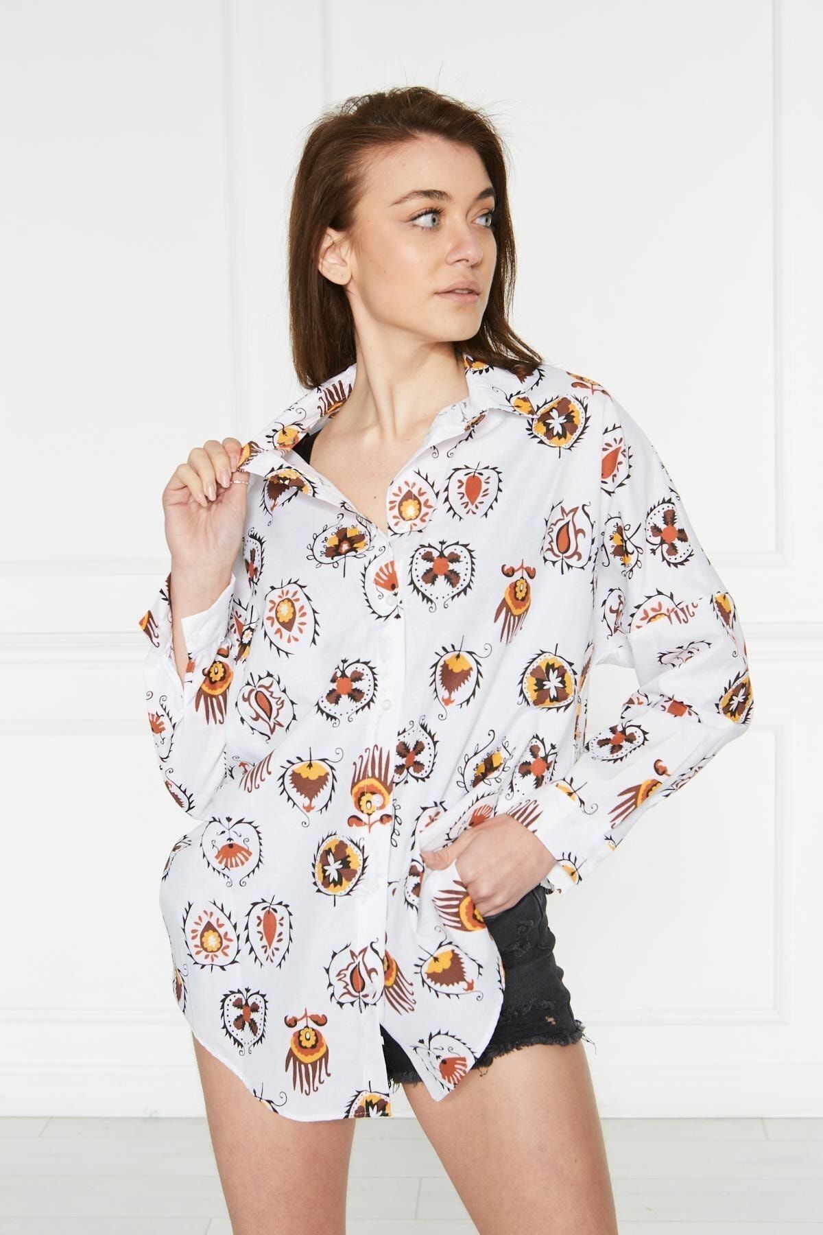 Kadın Oversize Renkli Desenli Uzun Basic Gömlek