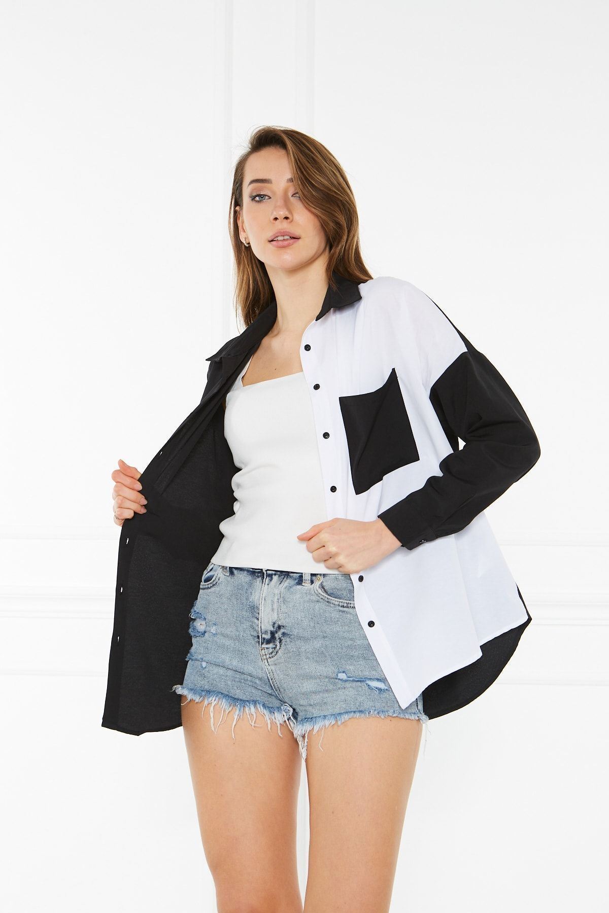 Kadın Blok Renkli Oversize Çift Renk Poplin Gömlek