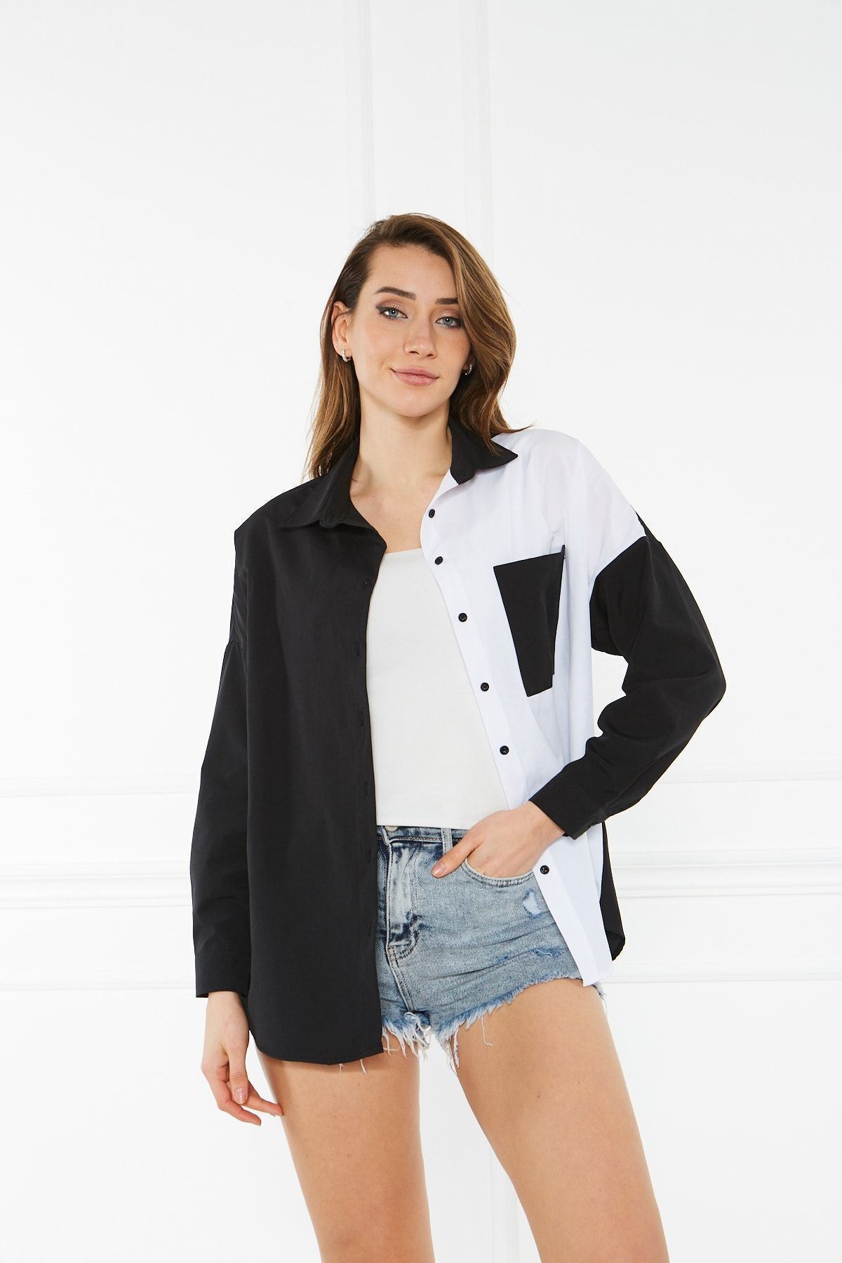 Kadın Blok Renkli Oversize Çift Renk Poplin Gömlek