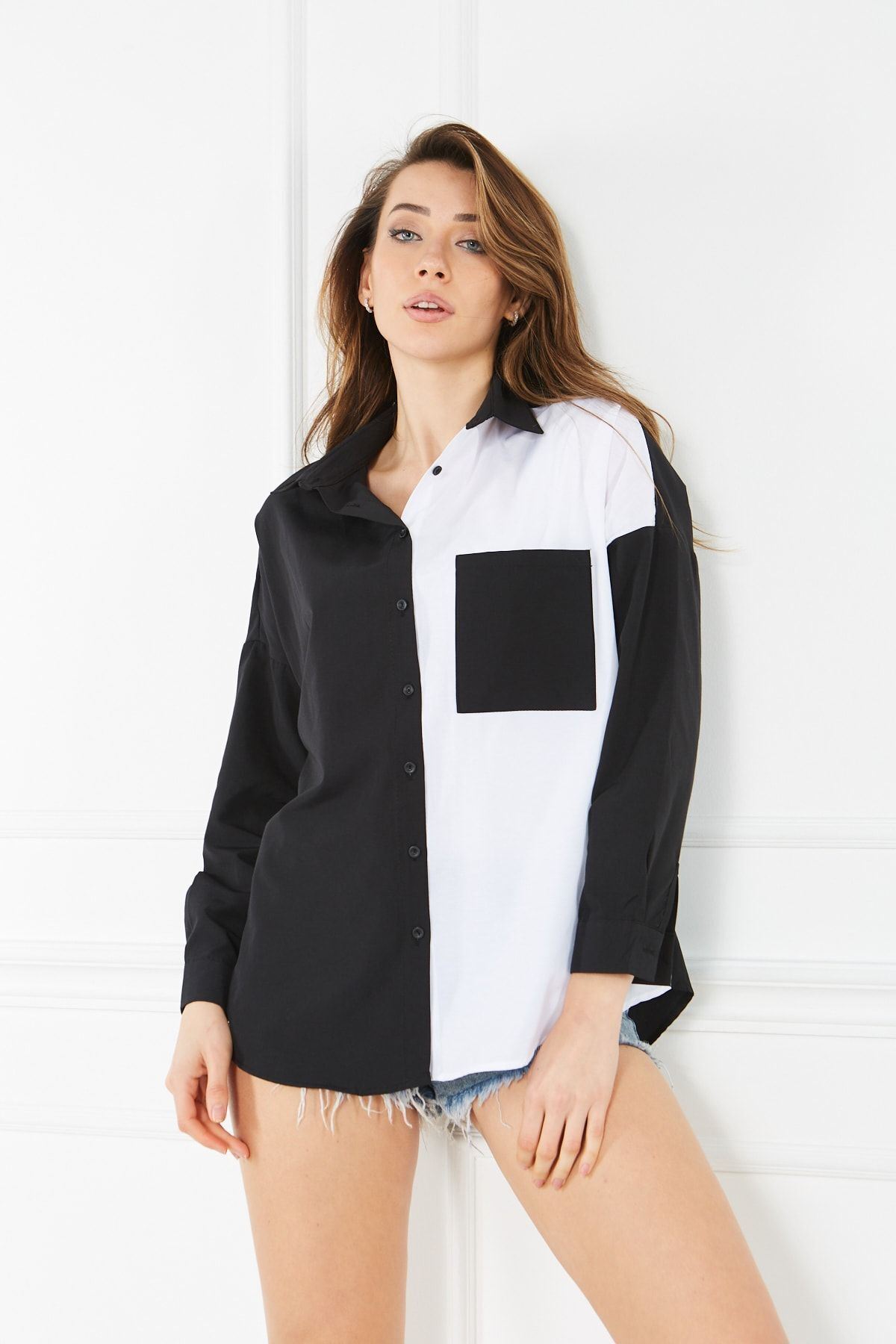 Kadın Blok Renkli Oversize Çift Renk Poplin Gömlek