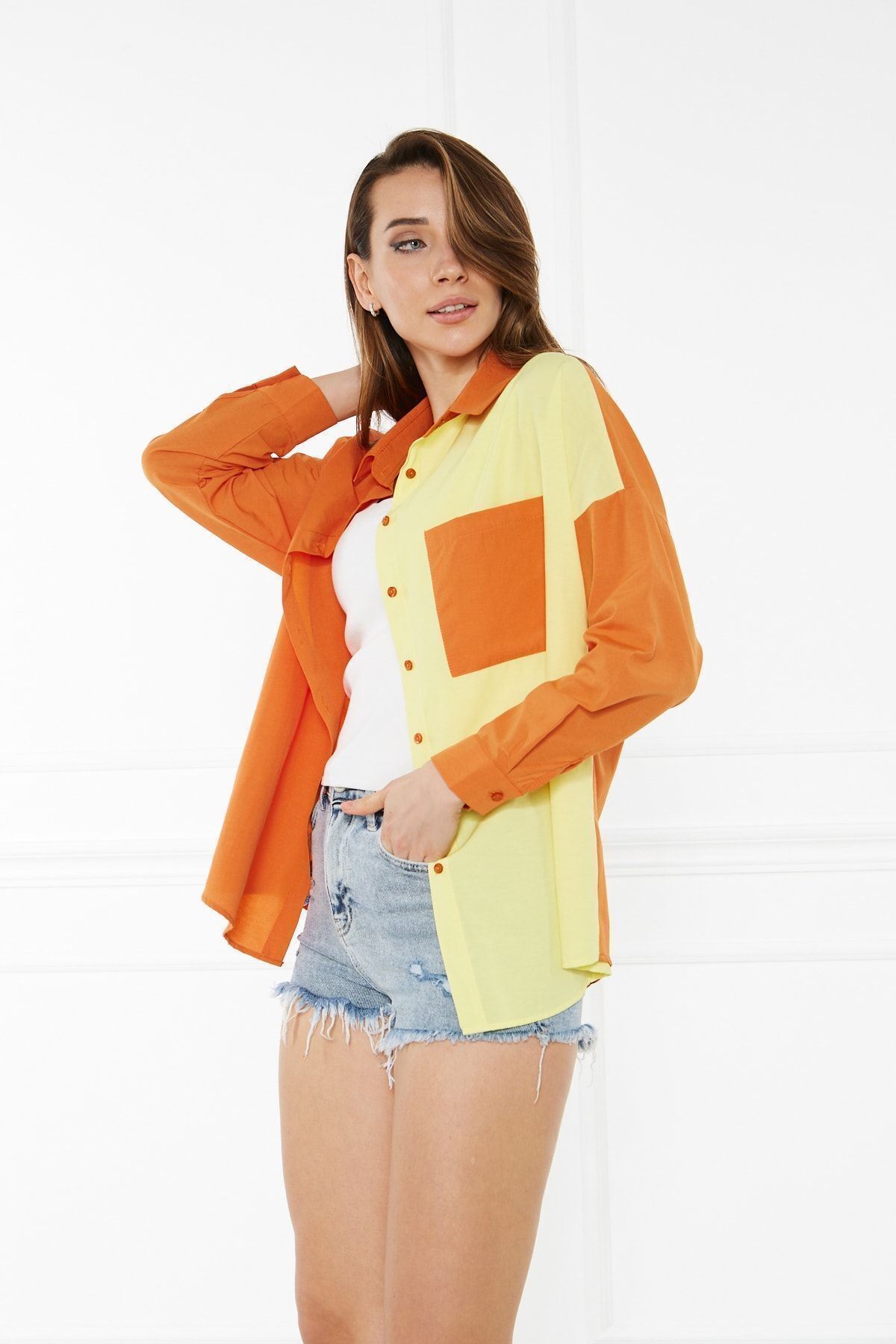 Kadın Blok Renkli Oversize Çift Renk Poplin Gömlek