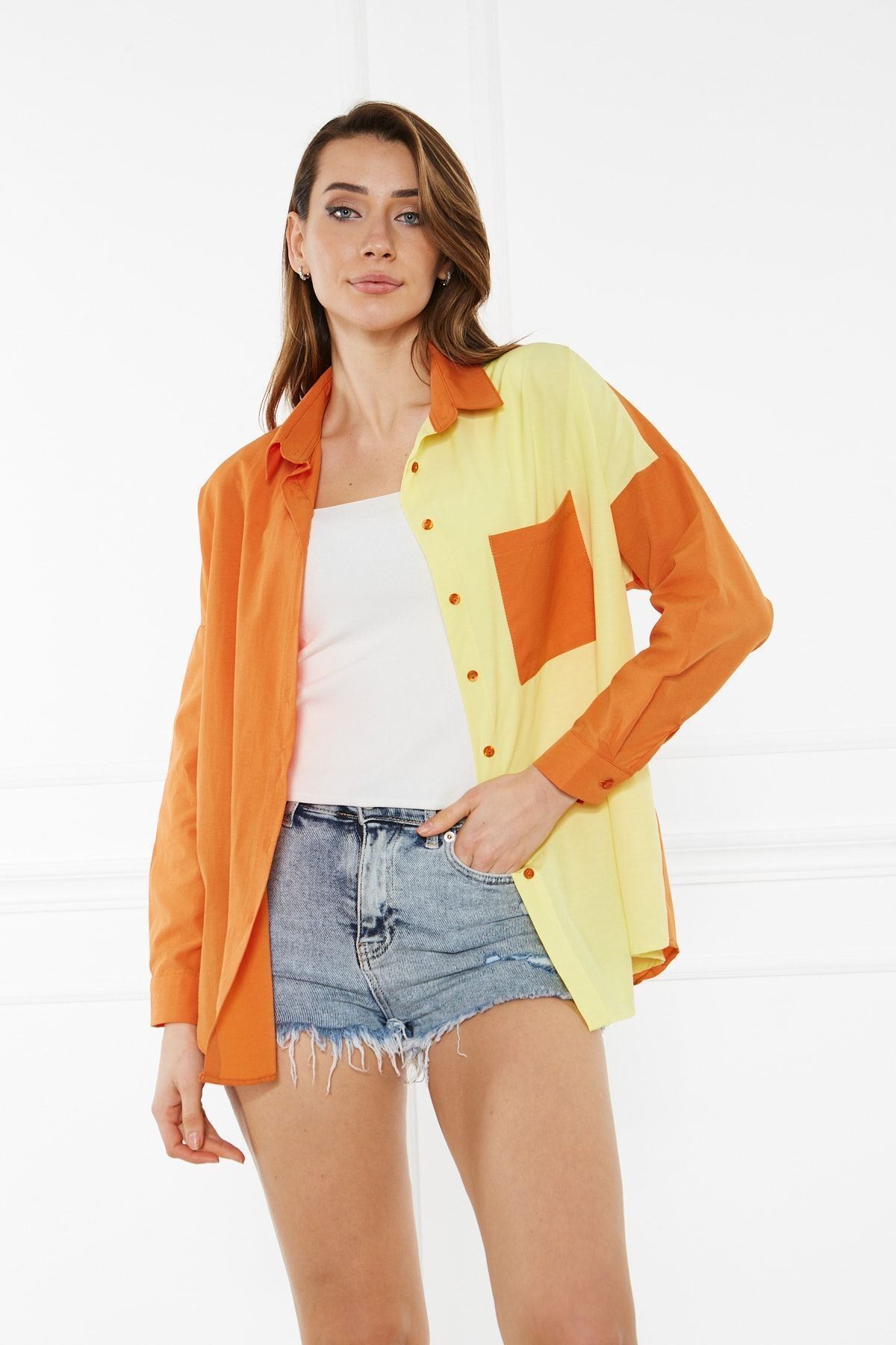 Kadın Blok Renkli Oversize Çift Renk Poplin Gömlek