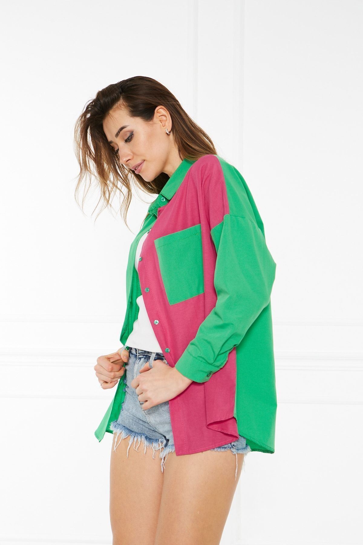 Kadın Blok Renkli Oversize Çift Renk Poplin Gömlek