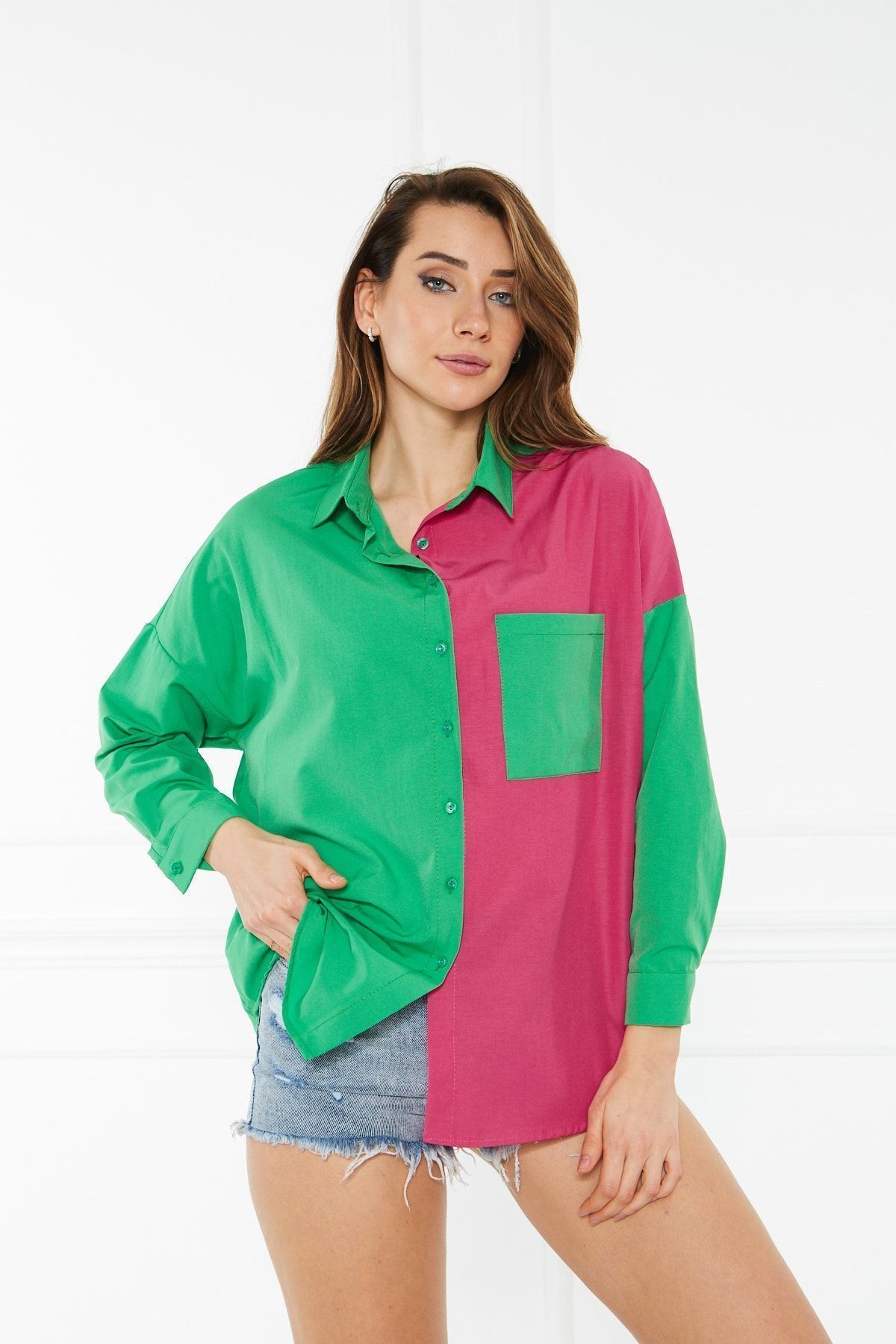 Kadın Blok Renkli Oversize Çift Renk Poplin Gömlek