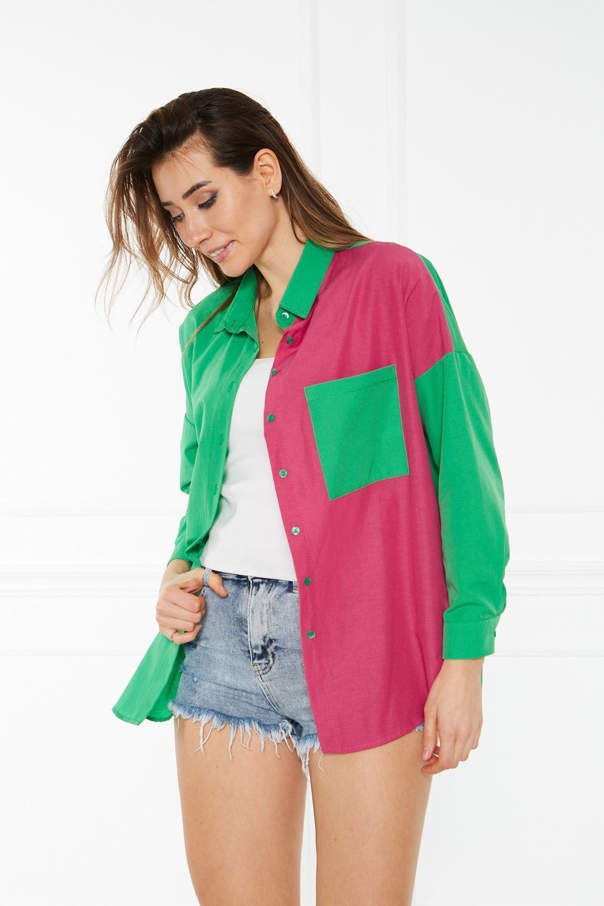 Kadın Blok Renkli Oversize Çift Renk Poplin Gömlek