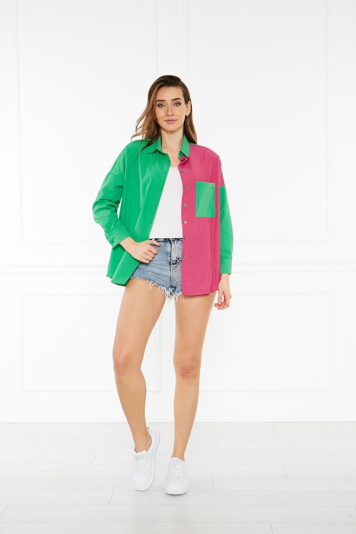 Kadın Blok Renkli Oversize Çift Renk Poplin Gömlek