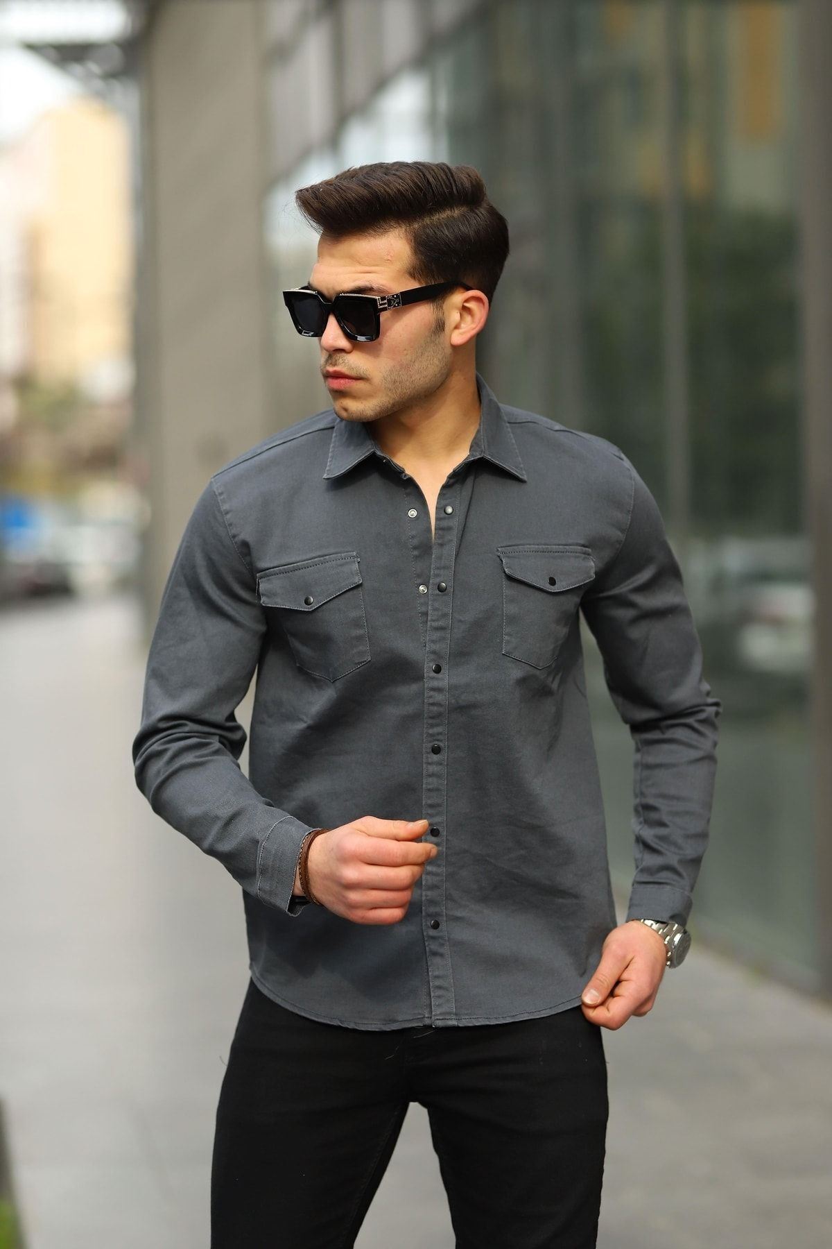 Erkek Slım ( Rahat Kalıp ) Kot Gömlek