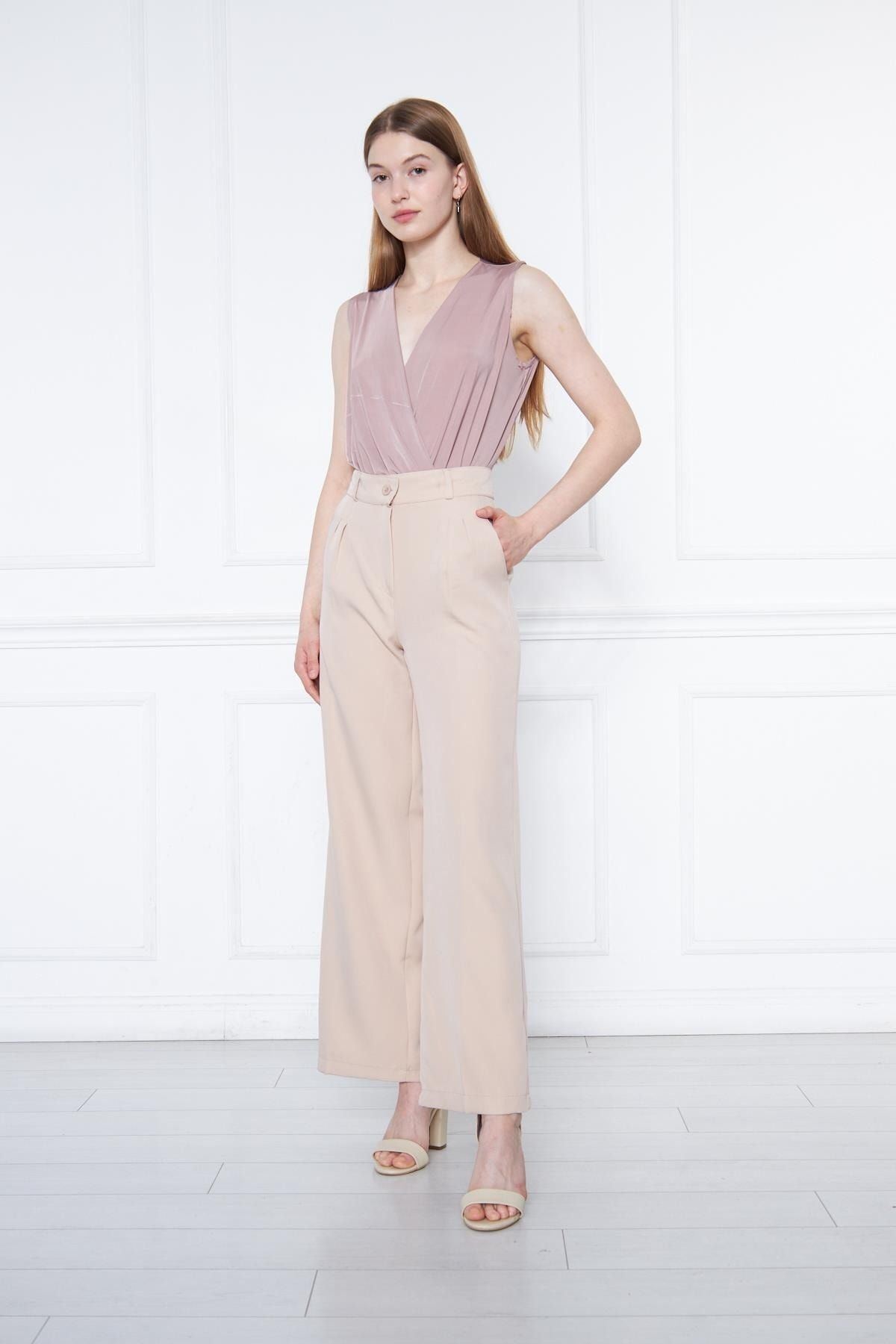 Kadın Bej Yüksek Bel Palazzo Pantolon