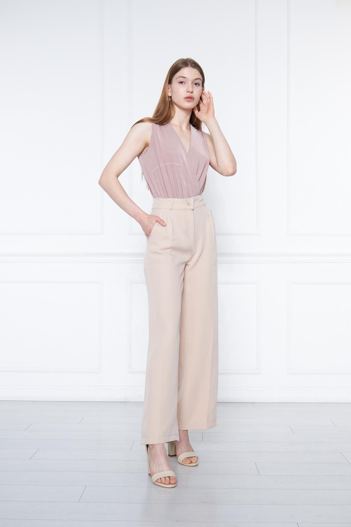 Kadın Bej Yüksek Bel Palazzo Pantolon