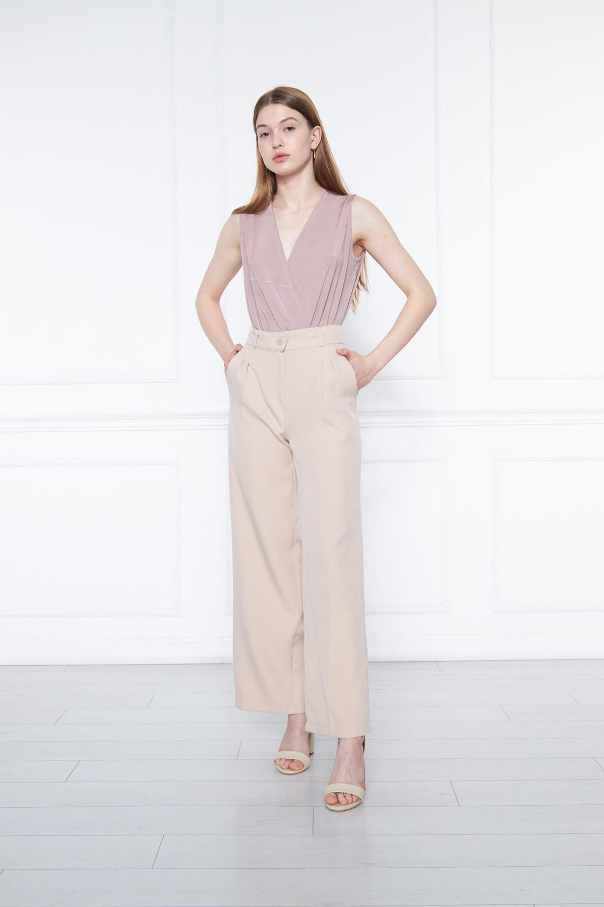 Kadın Bej Yüksek Bel Palazzo Pantolon