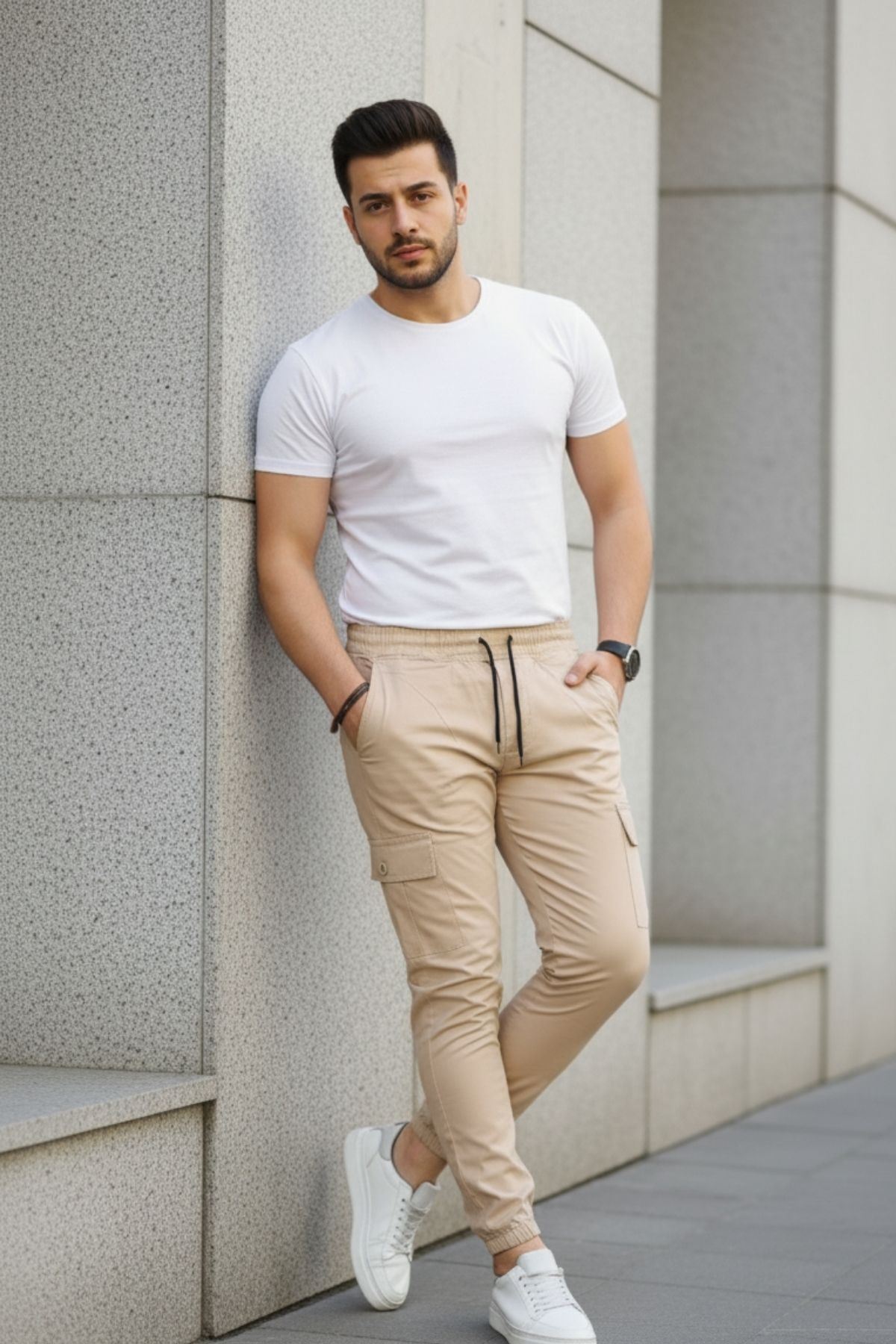 Erkek Slim Fit Beli ve Paçası Lastikli Kargo Cep Pantolon