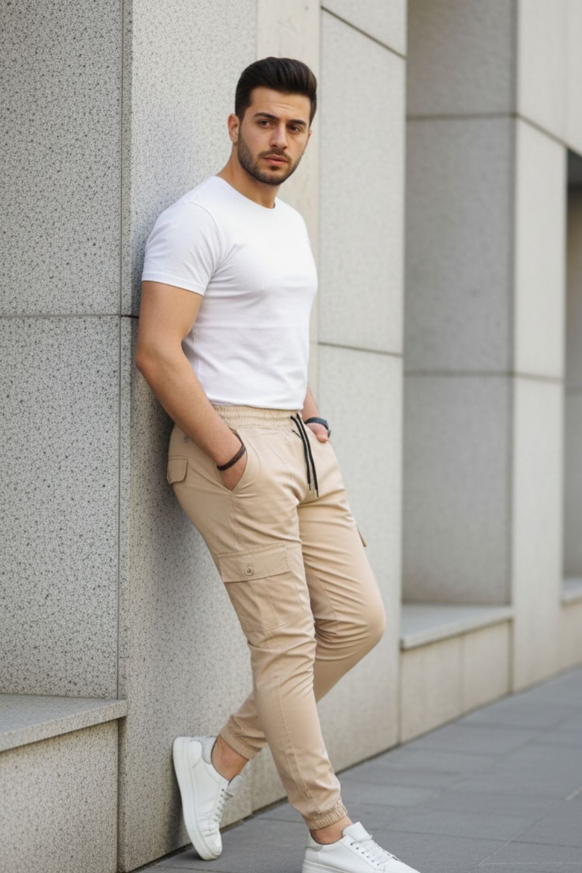 Erkek Slim Fit Beli ve Paçası Lastikli Kargo Cep Pantolon