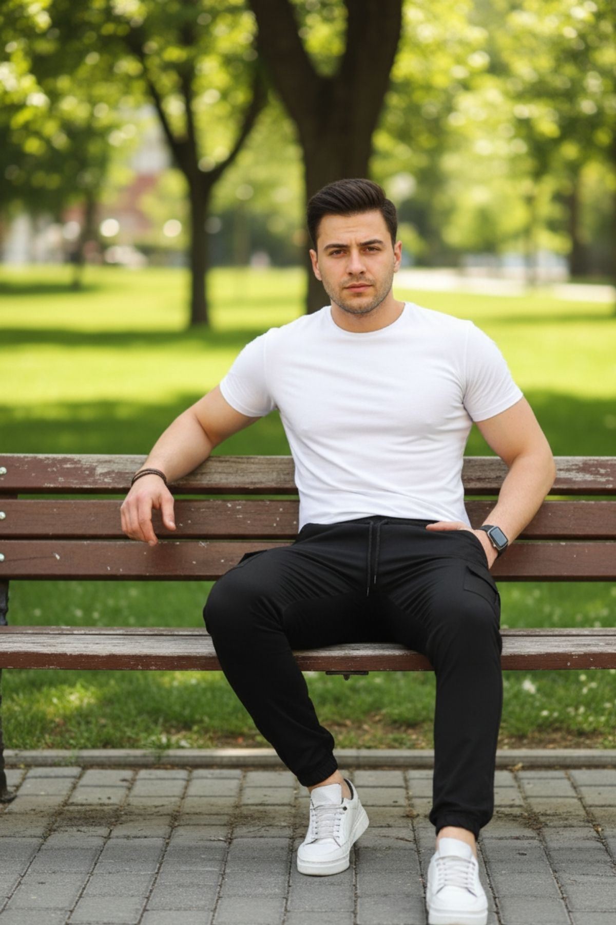 Erkek Beli Paçası Lastikli Esnek Kargo Cep Siyah Jogger Pantolon