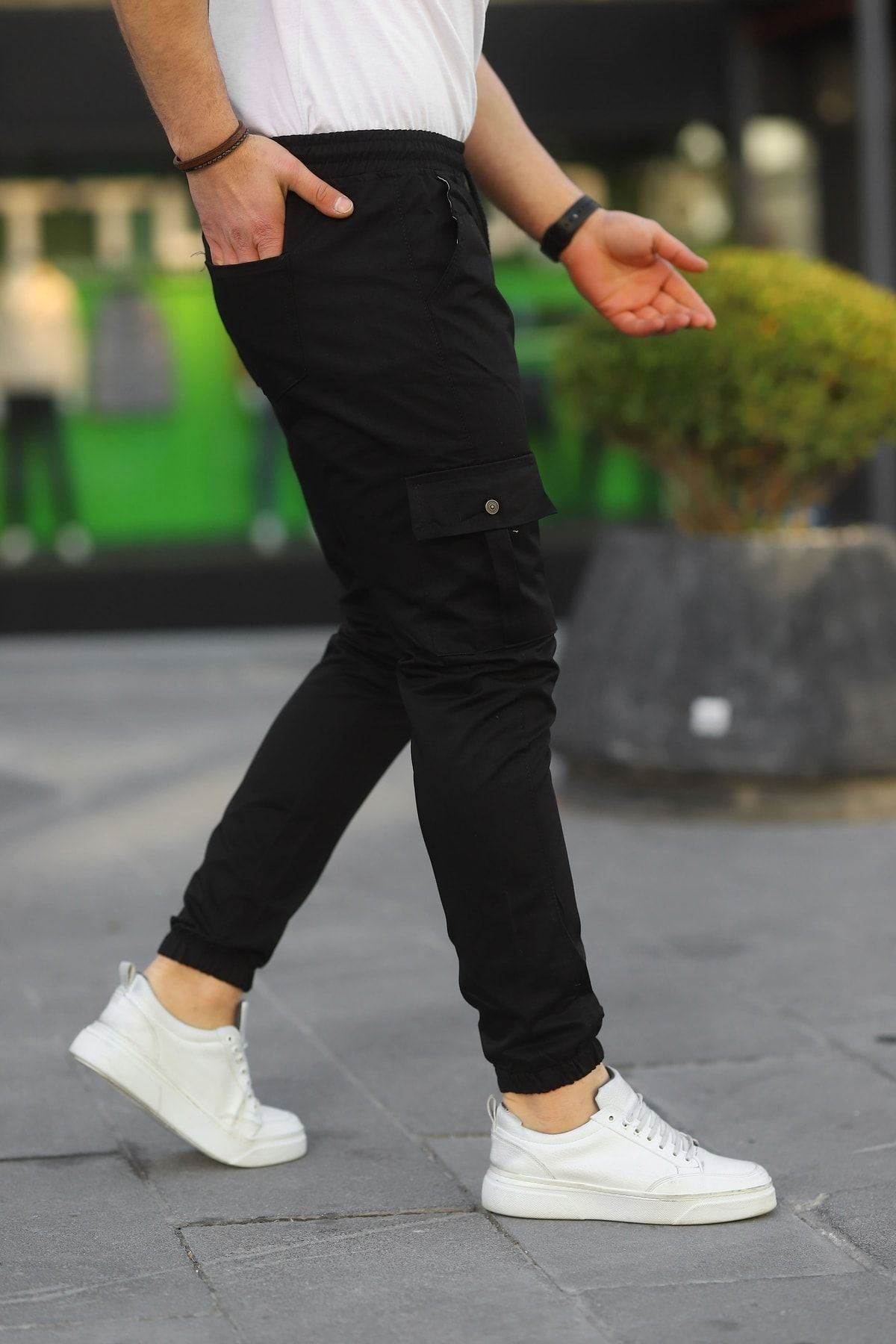 Erkek Beli Paçası Lastikli Esnek Kargo Cep Siyah Jogger Pantolon