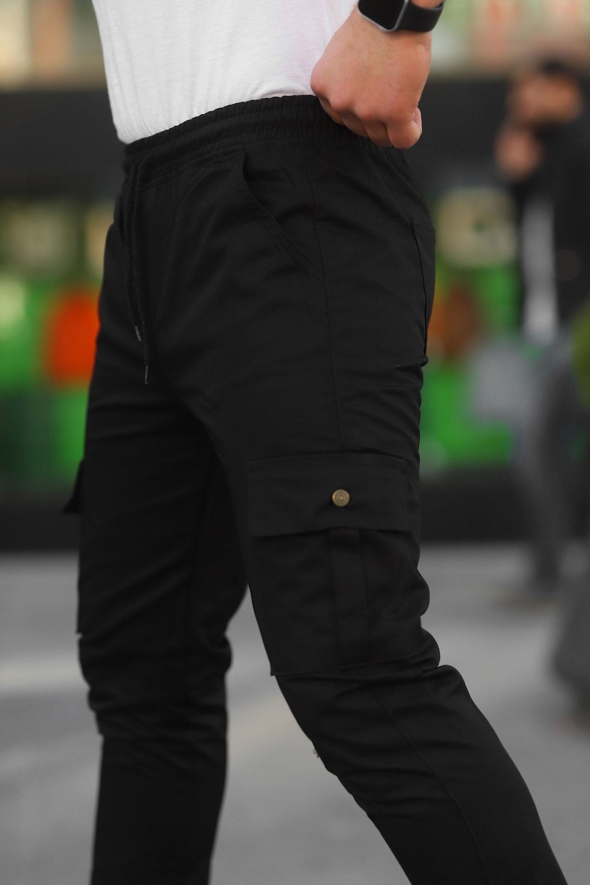 Erkek Beli Paçası Lastikli Esnek Kargo Cep Siyah Jogger Pantolon