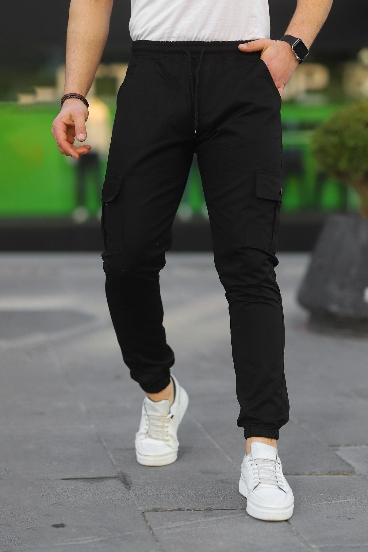 Erkek Beli Paçası Lastikli Esnek Kargo Cep Siyah Jogger Pantolon