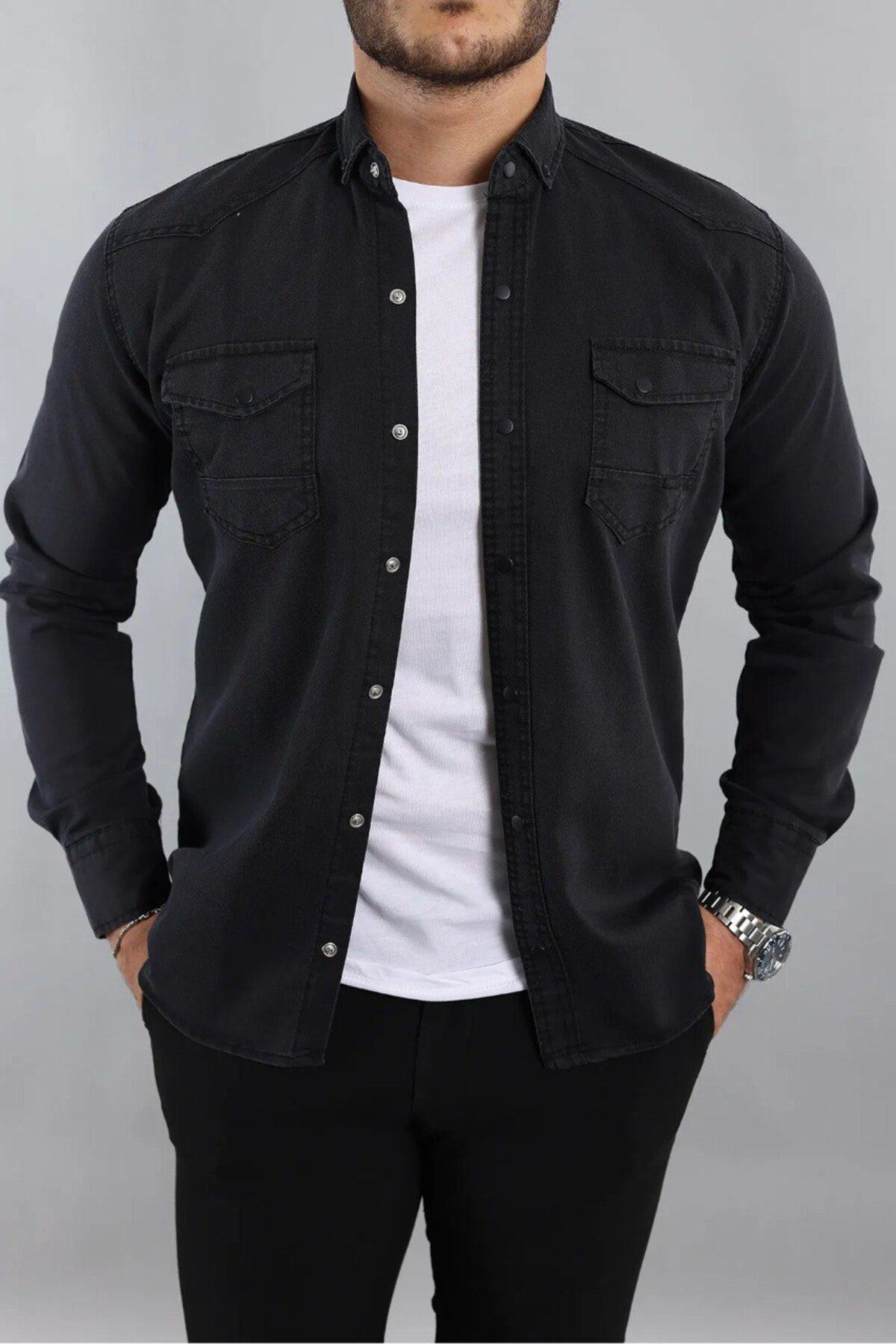 Erkek Slim Fit Çift Cepli Kot Gömlek