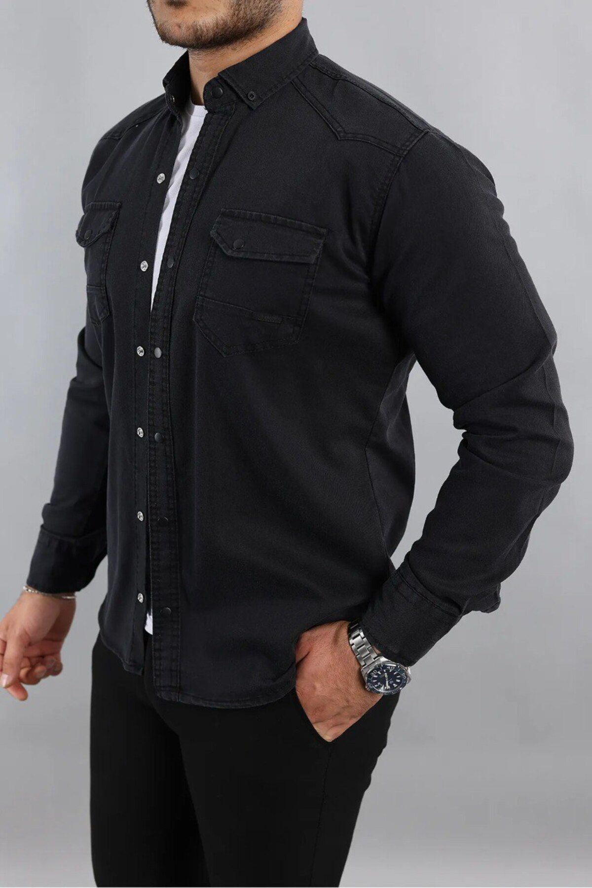 Erkek Slim Fit Çift Cepli Kot Gömlek
