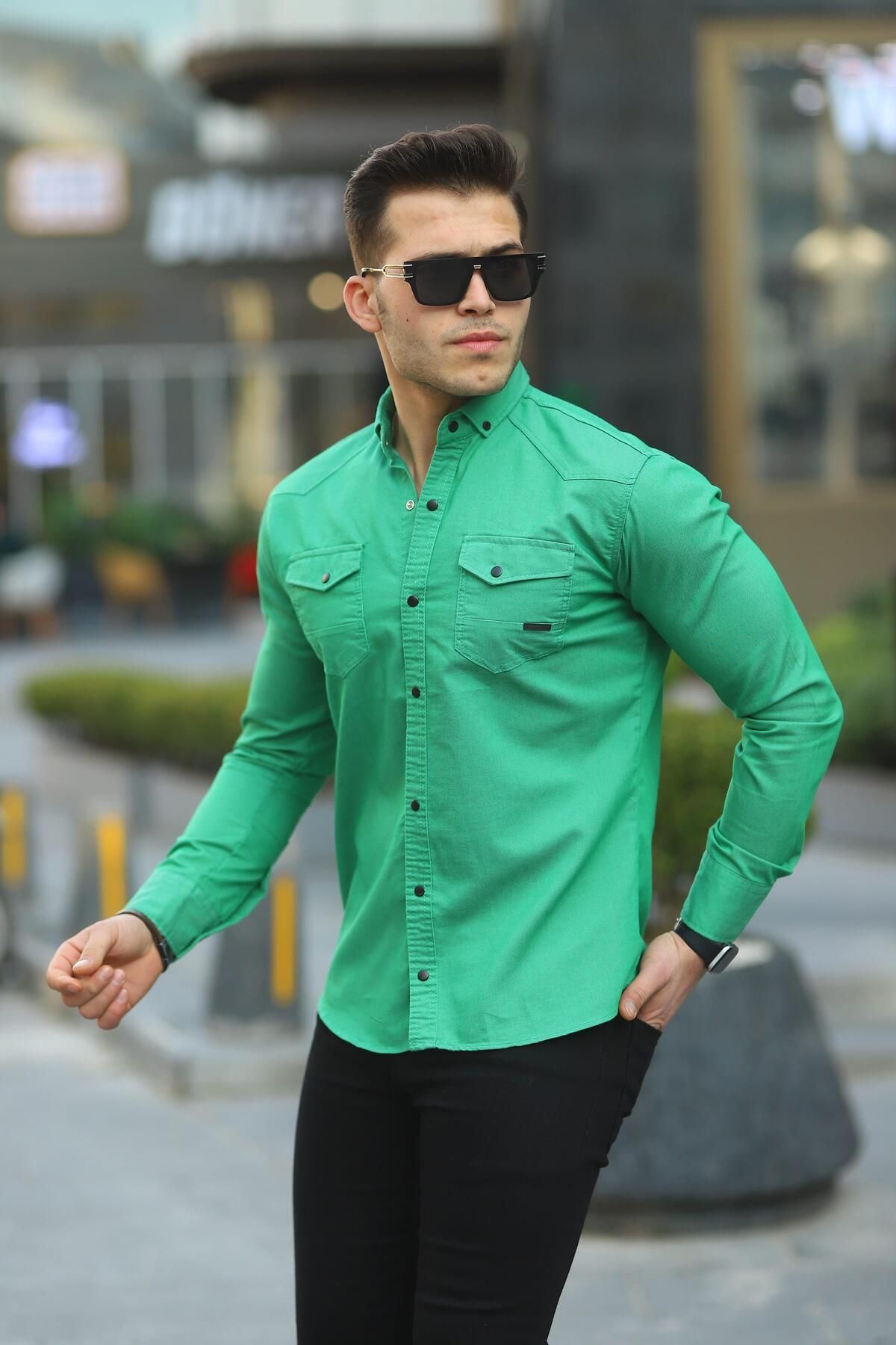 Erkek Slim Fit Çift Cepli Kot Gömlek