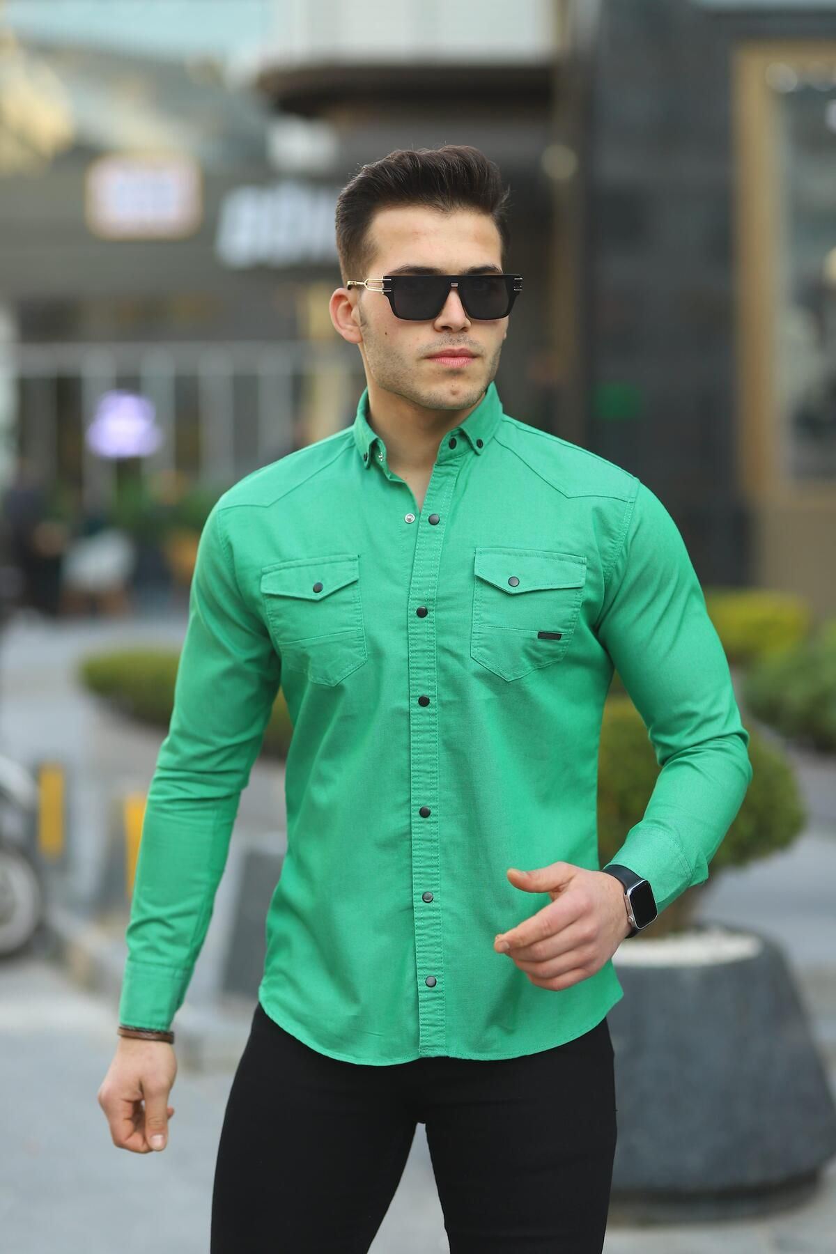 Erkek Slim Fit Çift Cepli Kot Gömlek