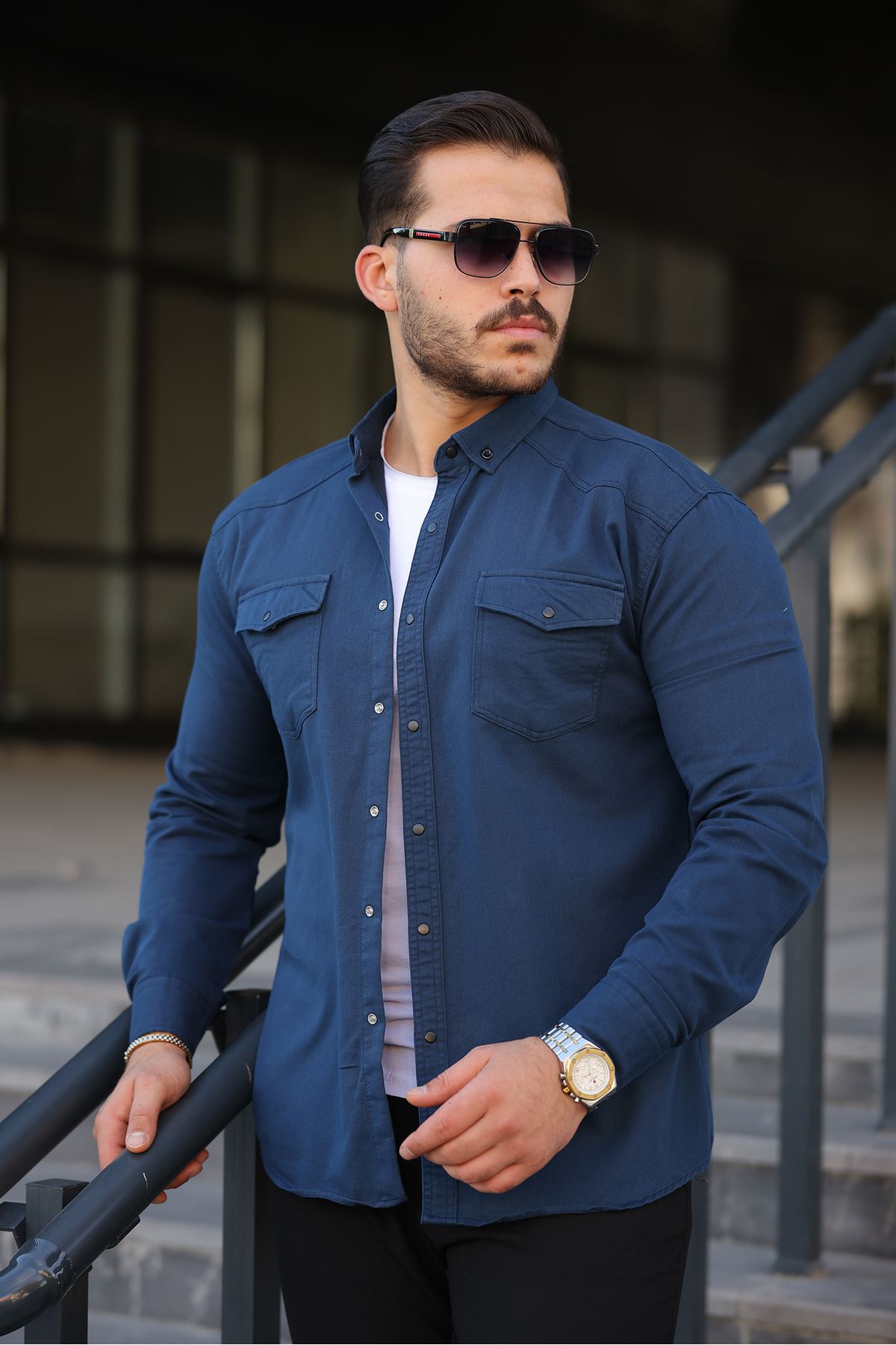 Erkek Slim Fit Cepli Basic Uzun Kol Lacivert Kot Gömlek