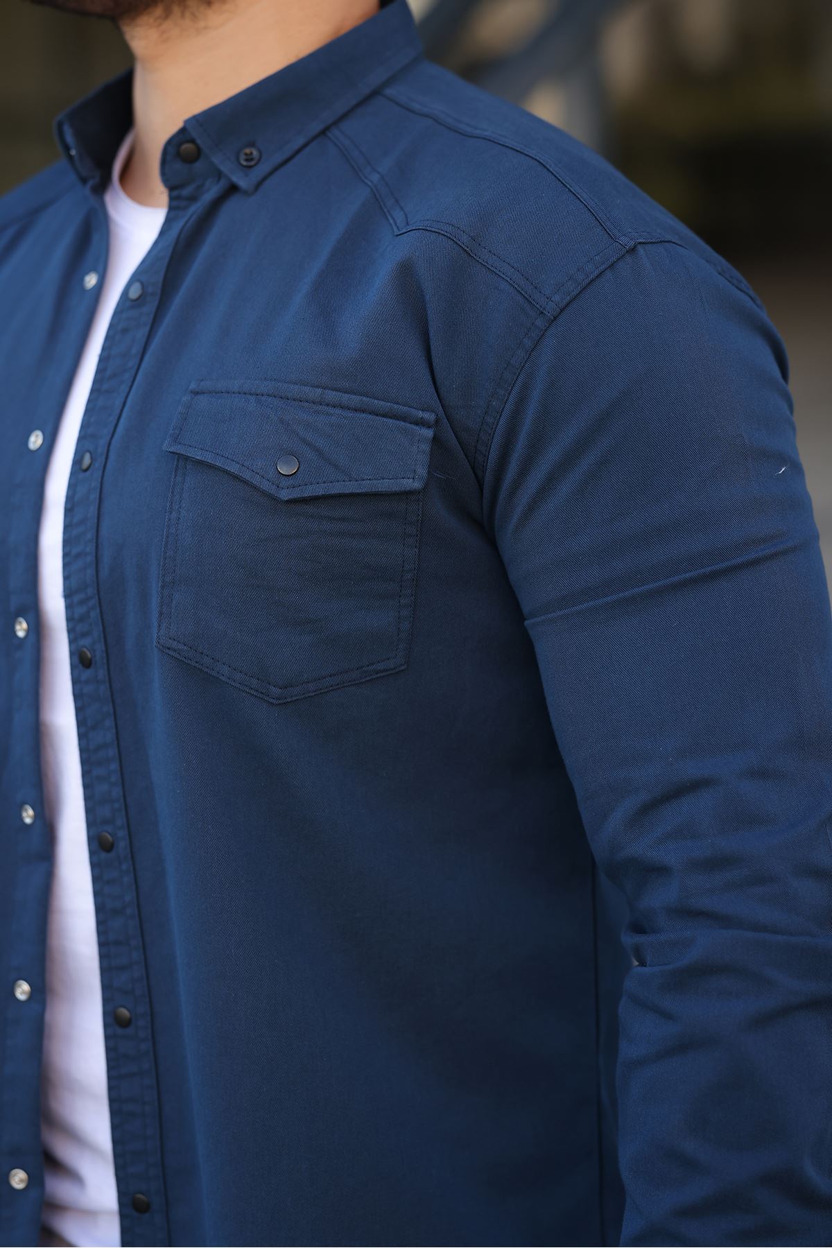 Erkek Slim Fit Cepli Basic Uzun Kol Lacivert Kot Gömlek