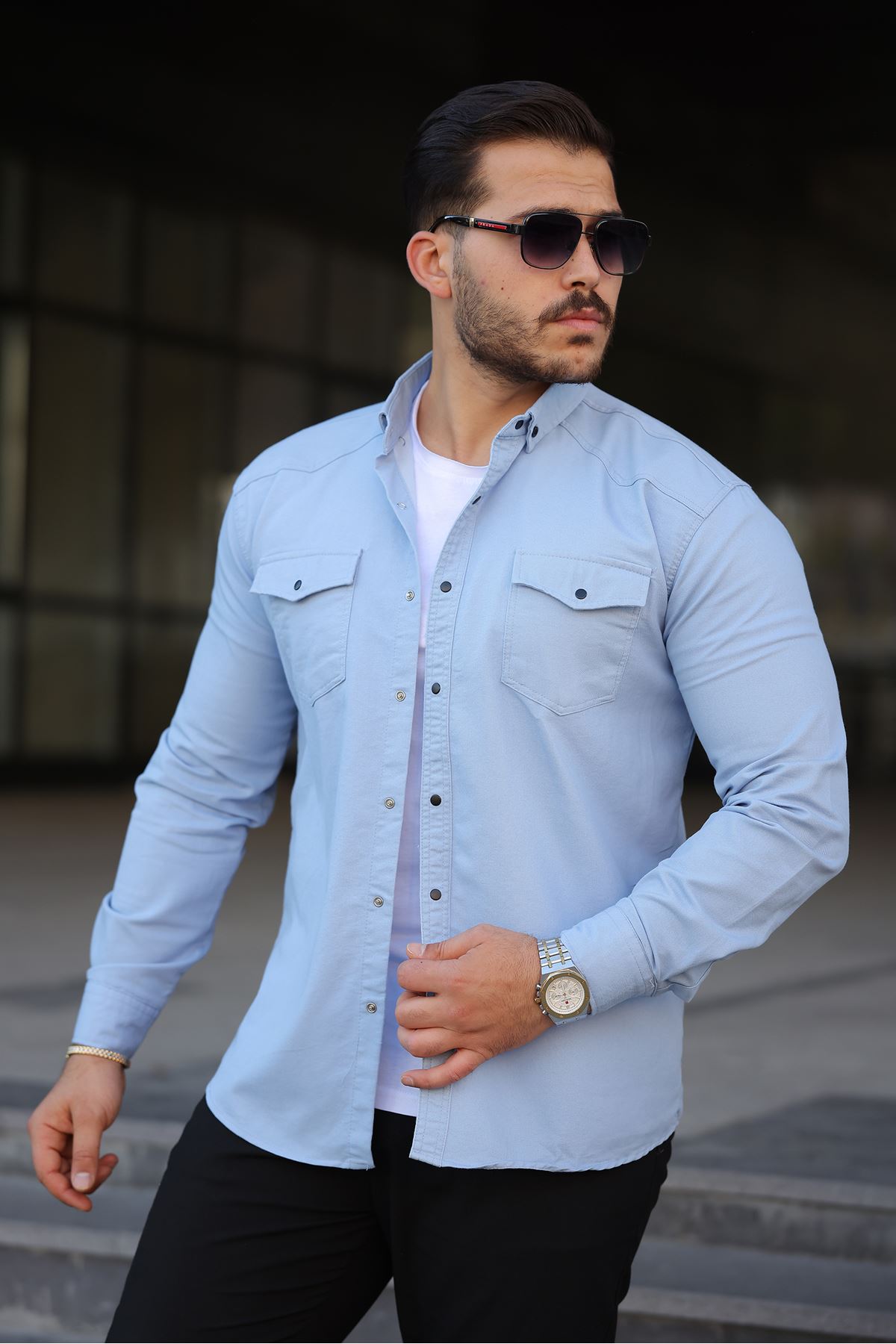 Erkek Slim Fit Çift Cepli Kot Gömlek