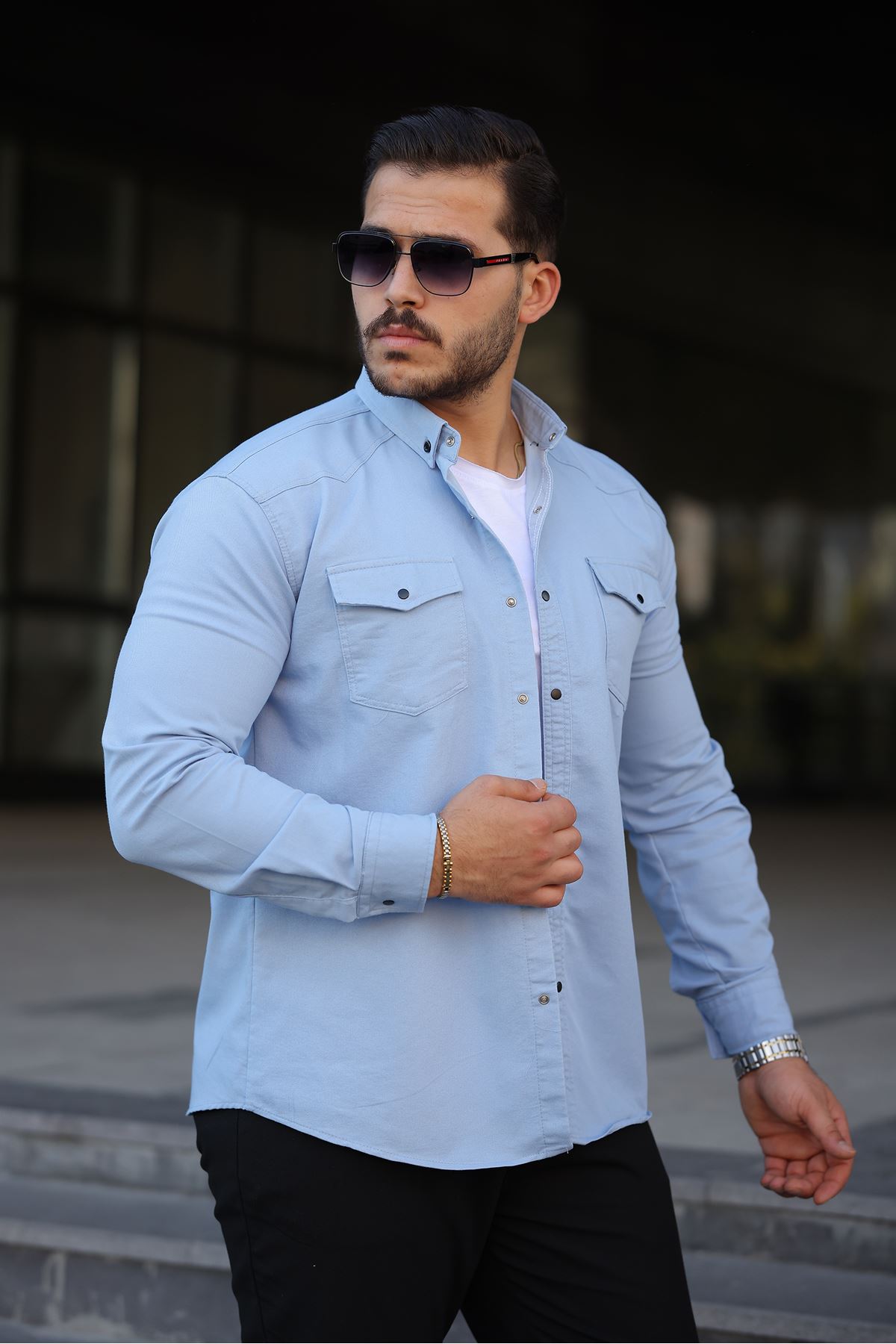 Erkek Slim Fit Çift Cepli Kot Gömlek