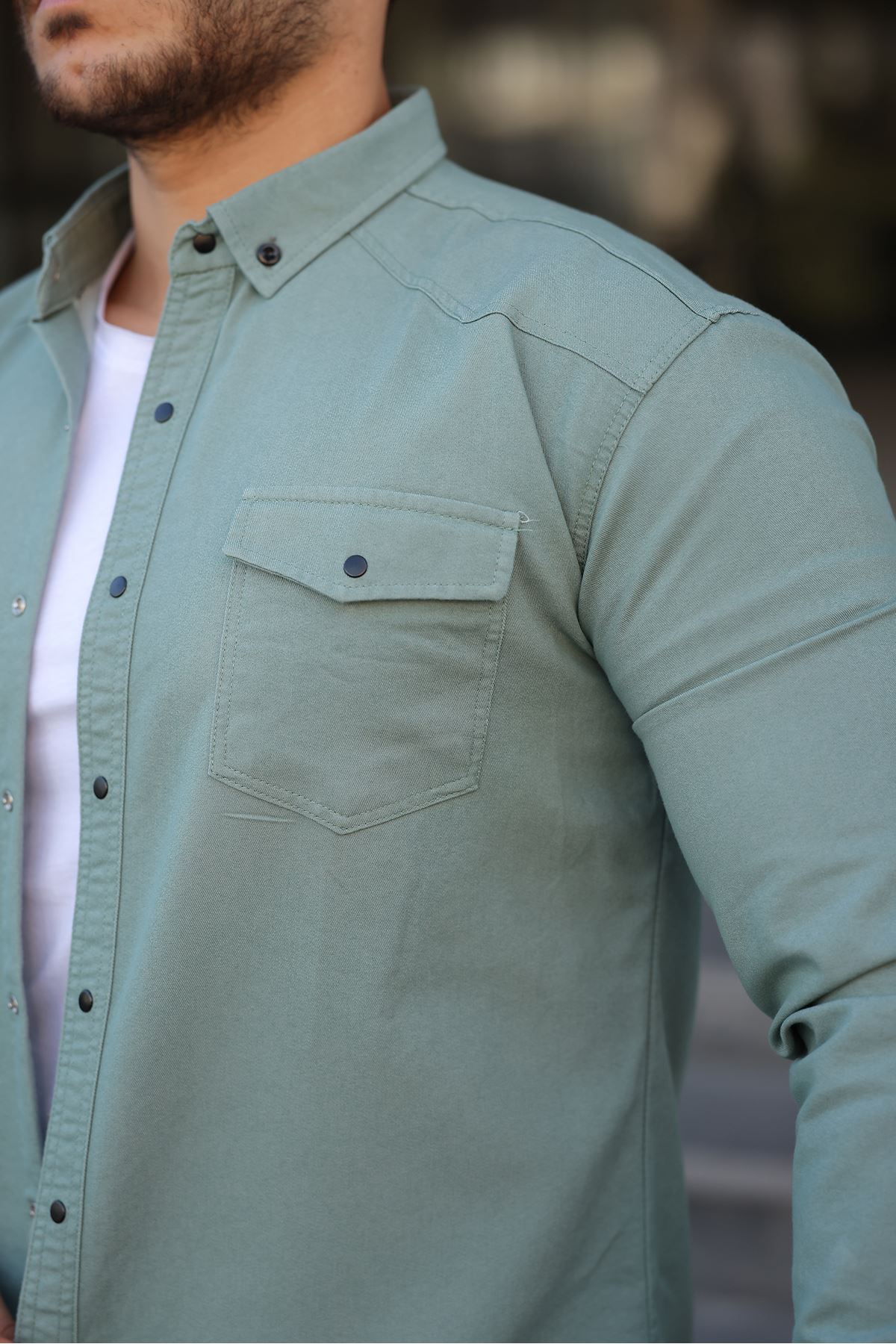 Erkek Slim Fit Çift Cepli Kot Gömlek