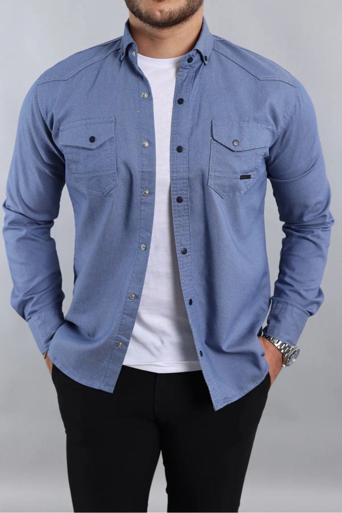 Erkek Slim Fit Çift Cepli Kot Gömlek