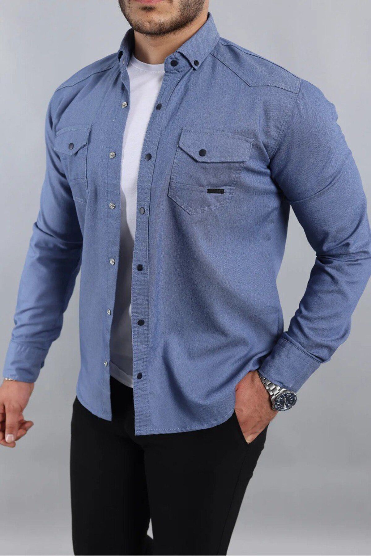 Erkek Slim Fit Çift Cepli Kot Gömlek