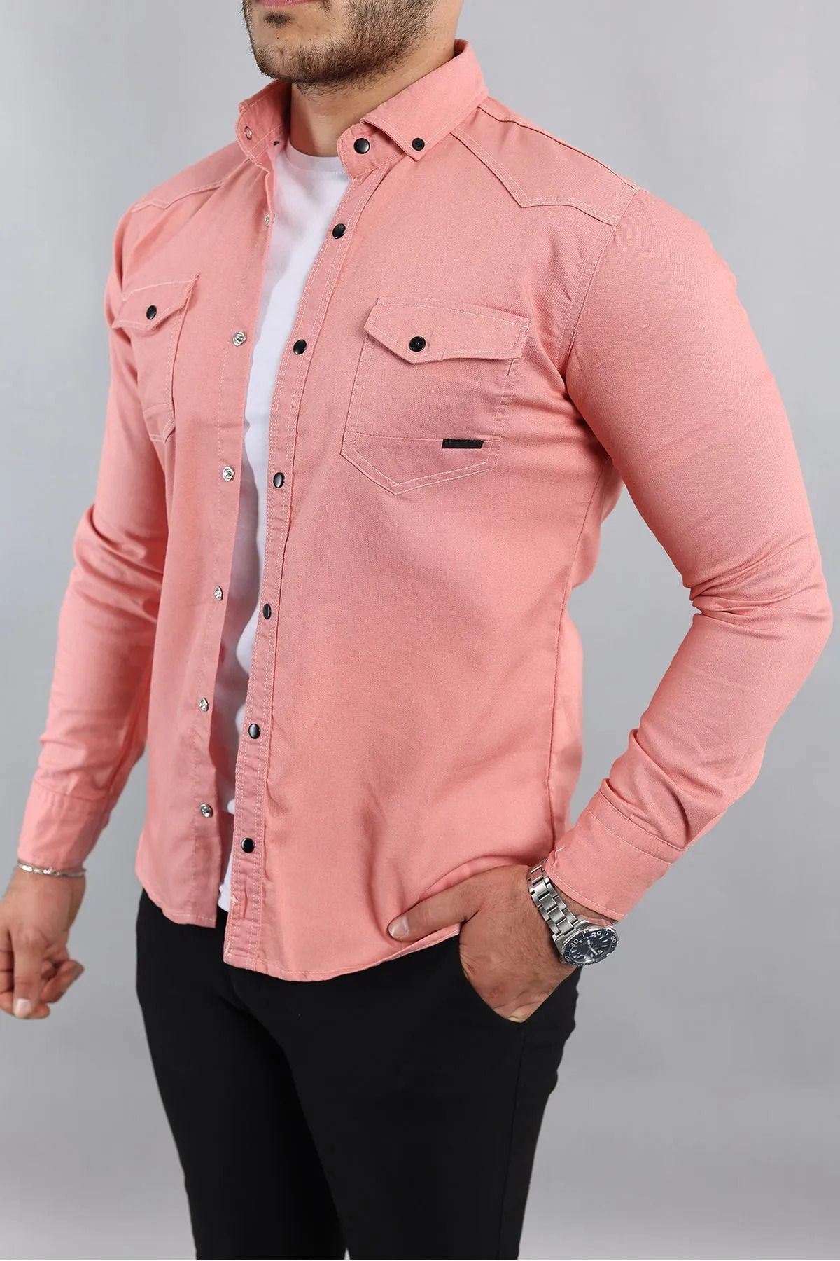 Erkek Slim Fit Çift Cepli Kot Gömlek