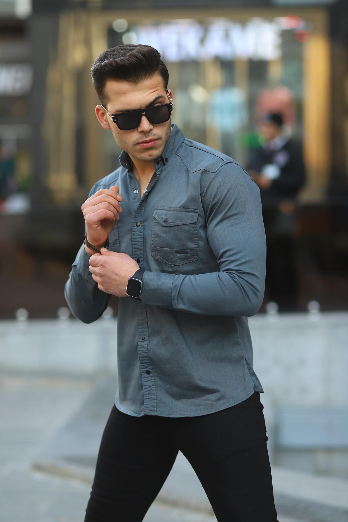 Erkek Slim Fit Çift Cepli Kot Gömlek