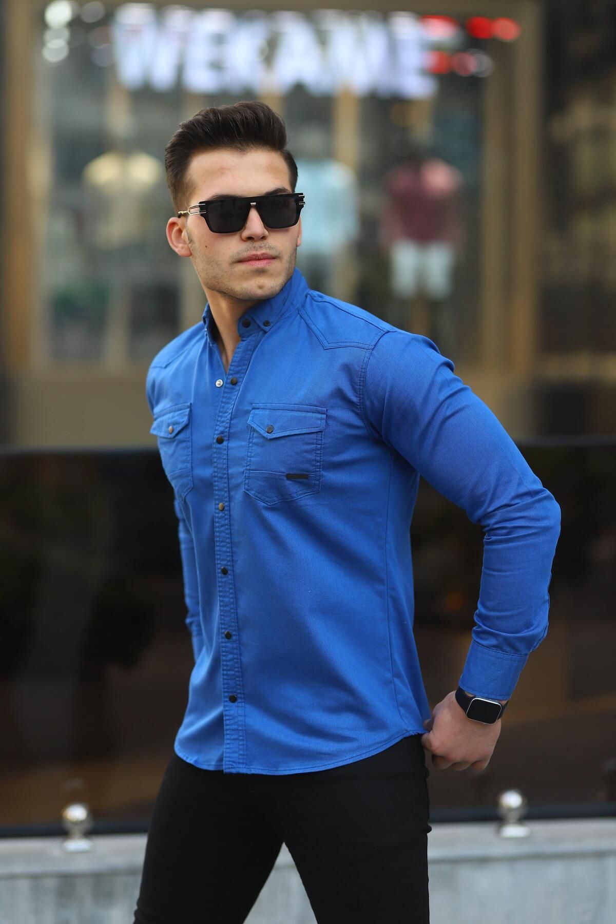 Erkek Slim Fit Çift Cepli Kot Gömlek