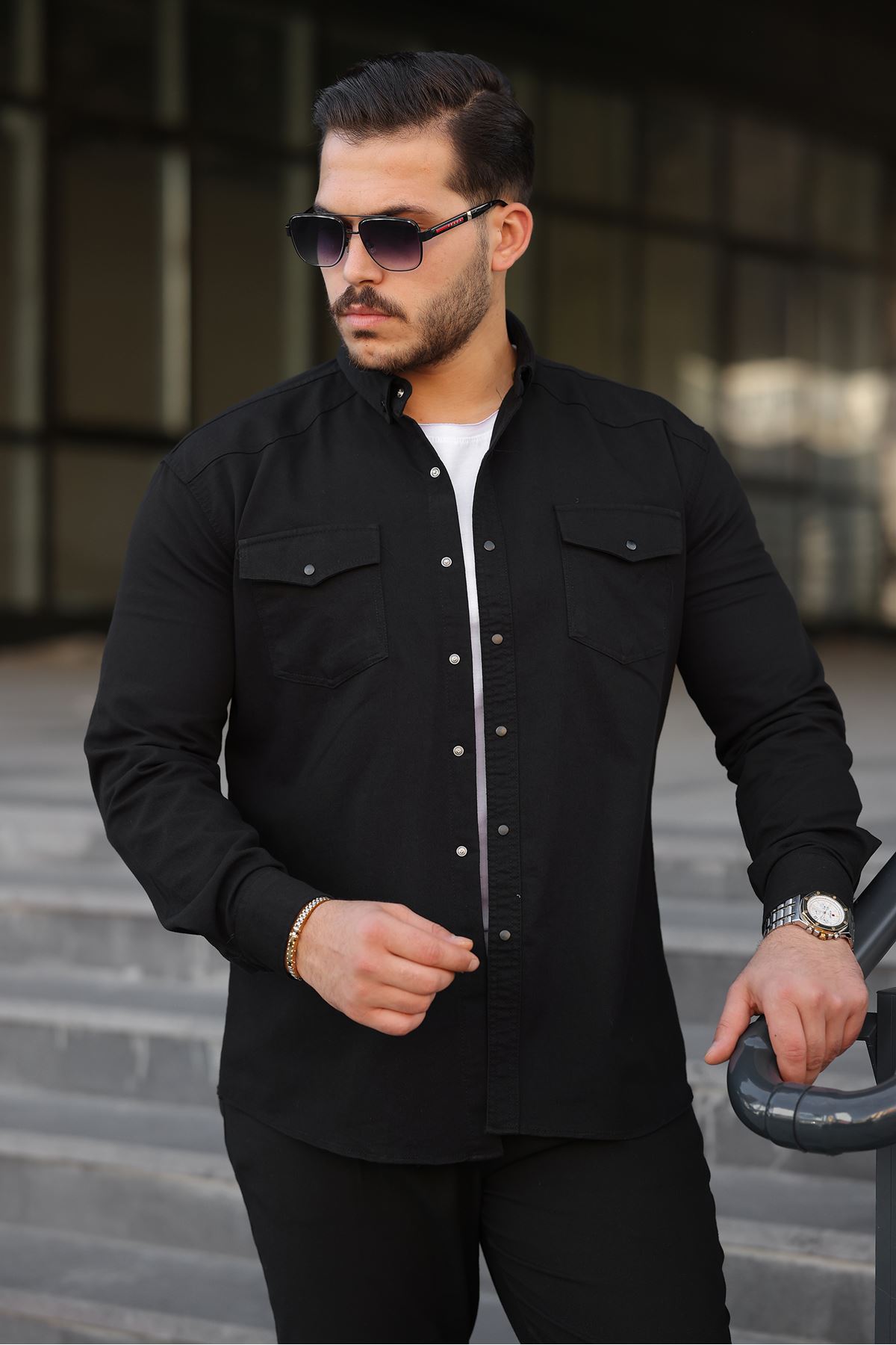 Erkek Slim Fit Çift Cepli Kot Gömlek