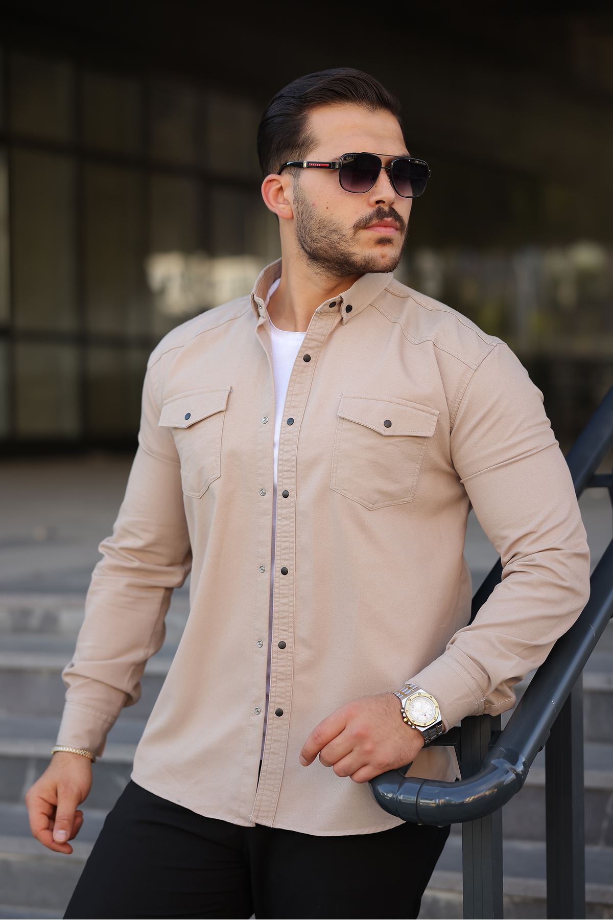 Erkek Slim Fit Çift Cepli Kot Gömlek