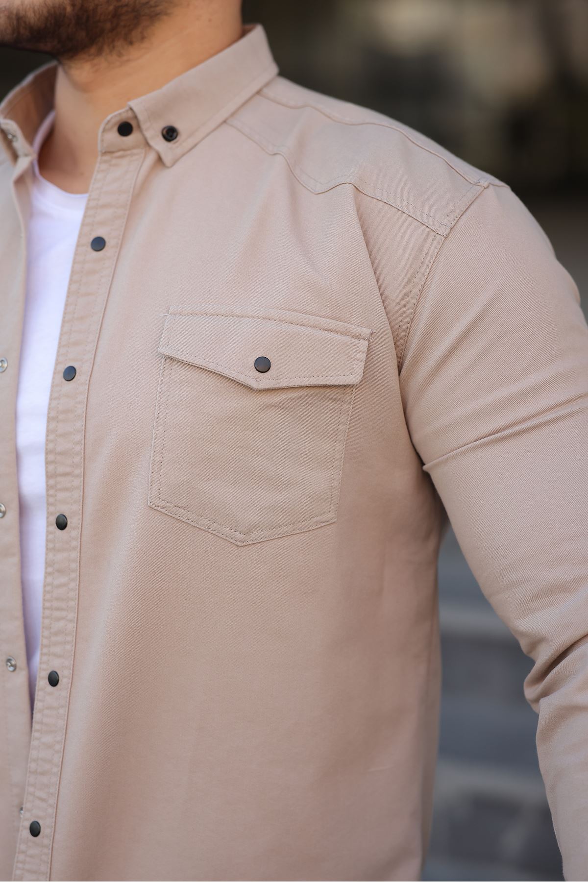 Erkek Slim Fit Çift Cepli Kot Gömlek